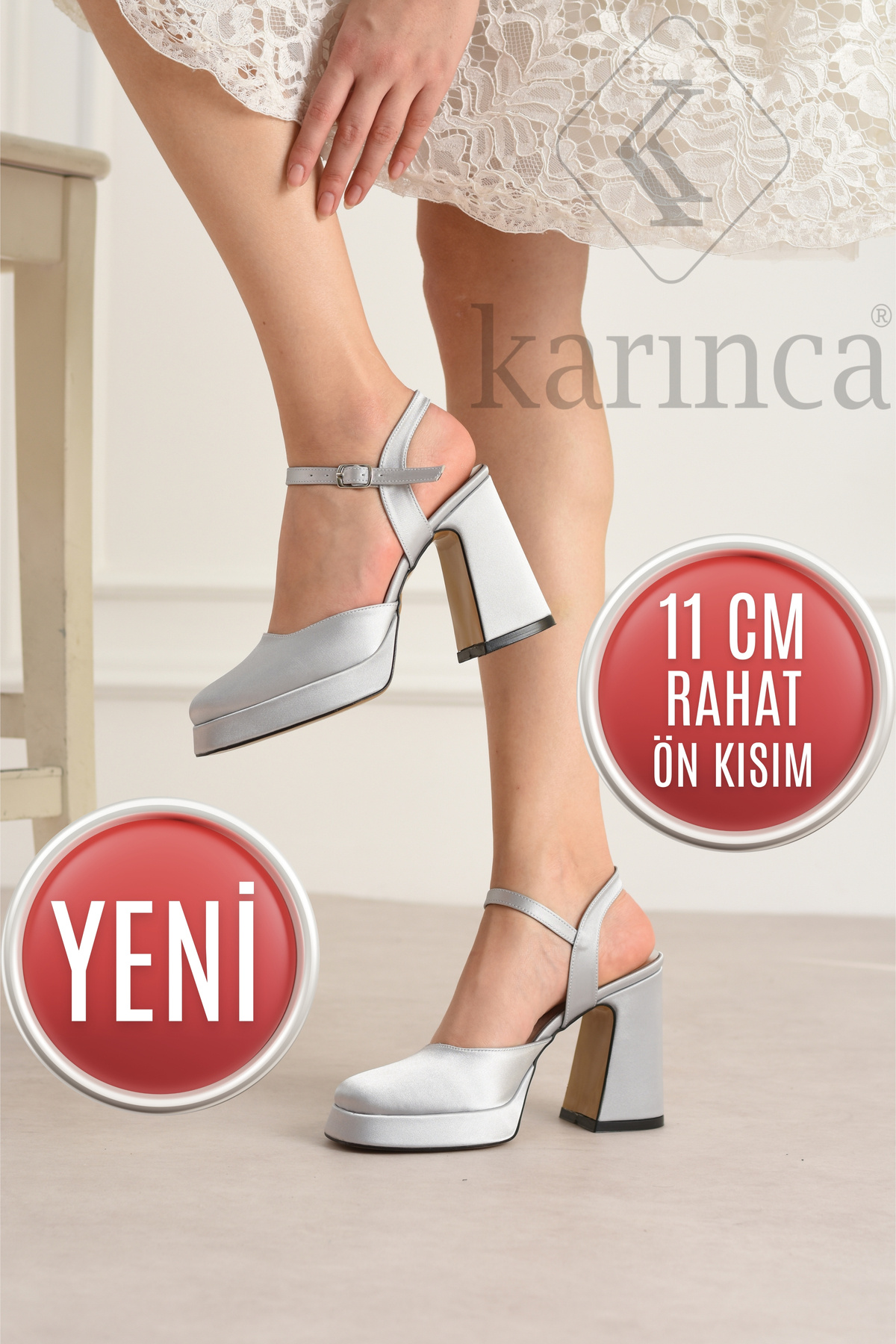 Gümüş Saten Abiye Ayakkabı, Kalın Topuklu Önü Kapalı, 11cm