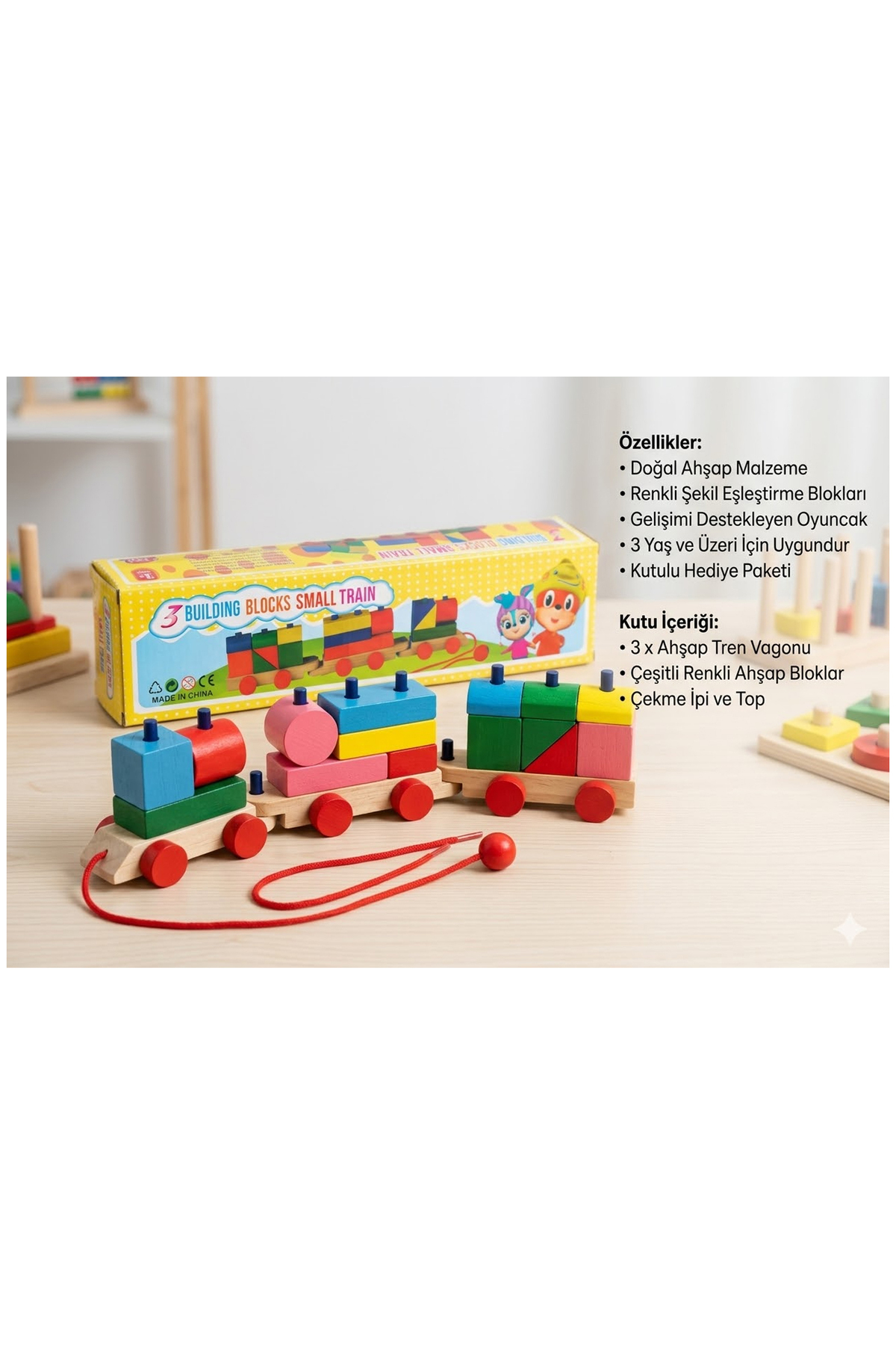 direkstoktan 3 Vagonlu Sök Tak Bloklu Ahşap Tren Çocuk Oyuncak / 3 Building Blocks Small Train Wooden Toys fotoğrafı 4 (önizleme)