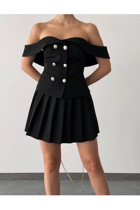 Kaplanbutik ÖNÜ DÜĞMELİ KAYIK YAKA BLUZ ETEK KADIN TAKIMI