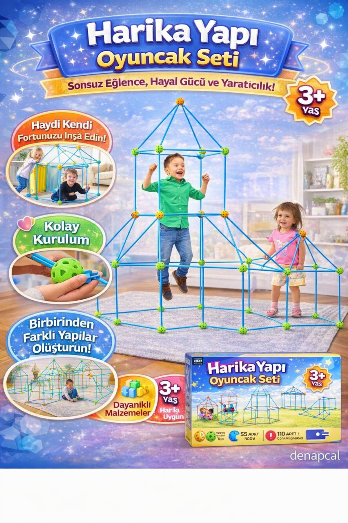 DENAPCAL Çocuk Oyun Evi Oyun Çadırı ve İnşa Seti 200 Parça Eğitici Kale Kurma STEM Yapı Oyuncağı fotoğrafı 5 (önizleme)