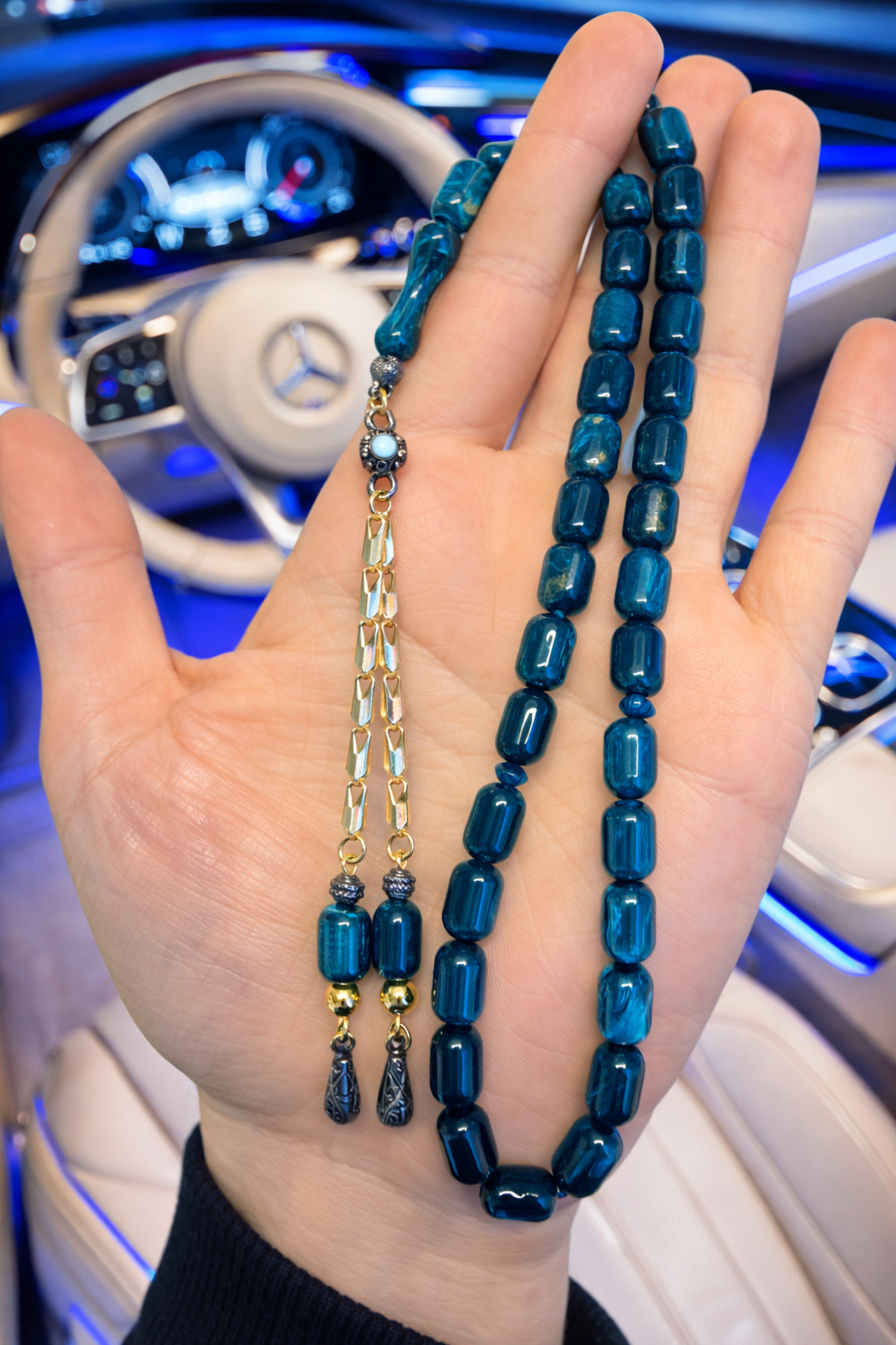 Men's Gift Petroleum Blue Capsule Cut Double Gold Plated Katelin Rosary