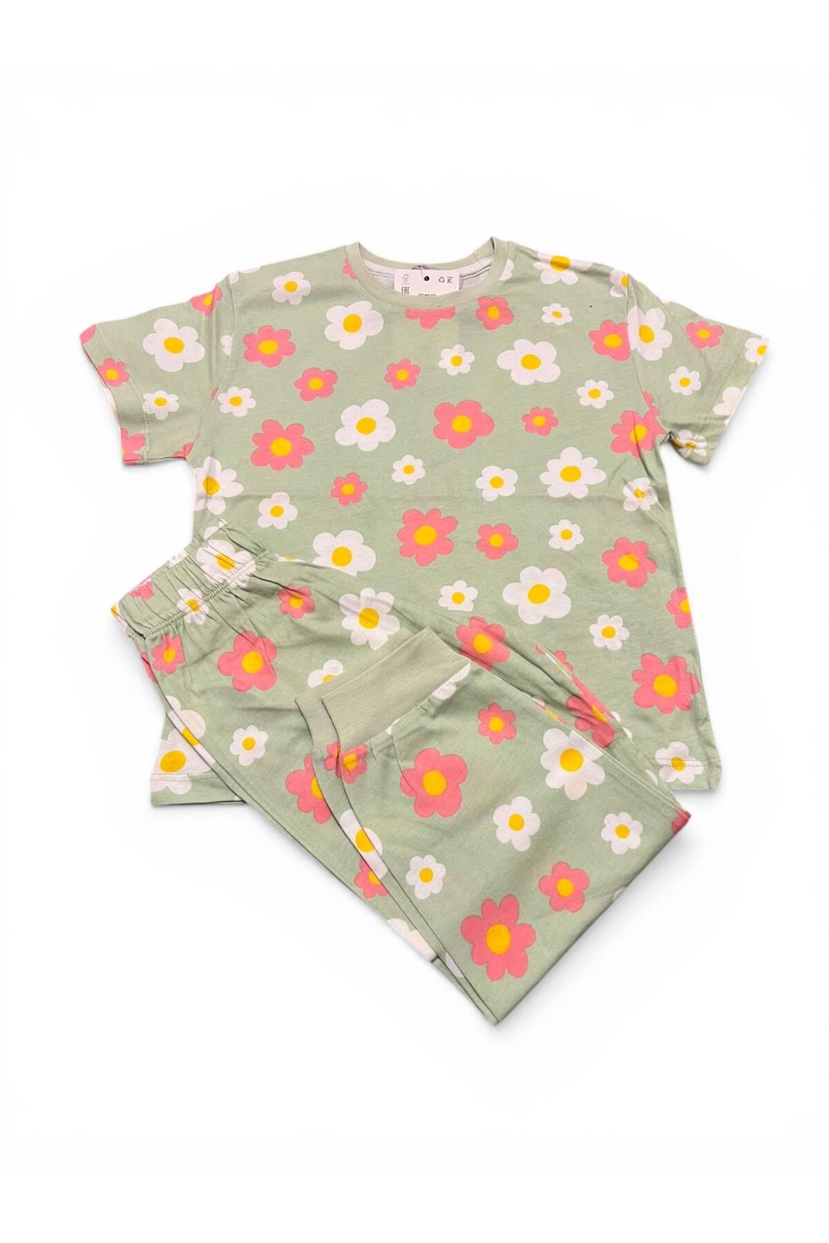 SERRASTIL Kız Çocuk Papatya Desenli %100 Pamuk Süprem Kumaş Kısa Kollu Pijama Takımı fotoğrafı 5 (önizleme)
