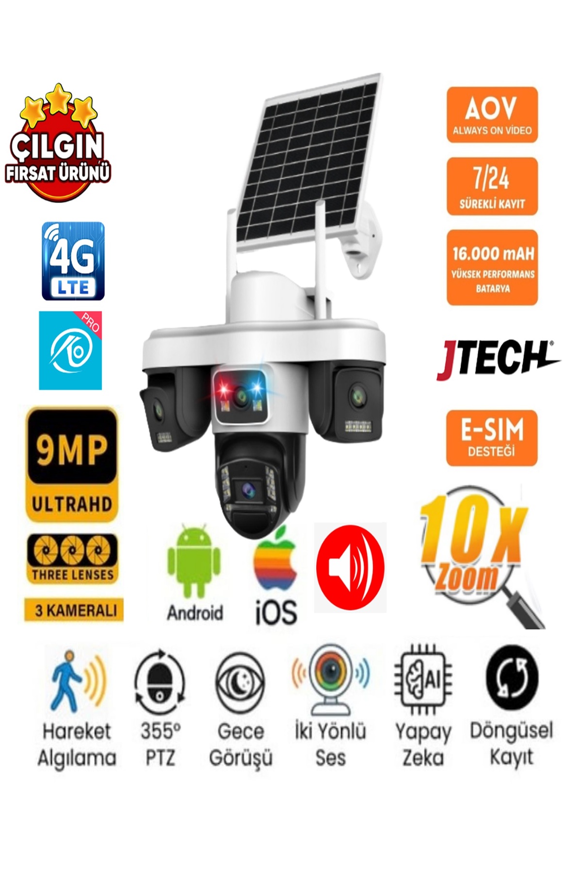 jtech O-KAM OK-301 PREMiUM (3+3+3) AOV 9MP 4G Sim Kartlı Solar Panelli 3 Lens 1 Alert PTZ Akıllı Kamera - Fiyatı, Yorumları