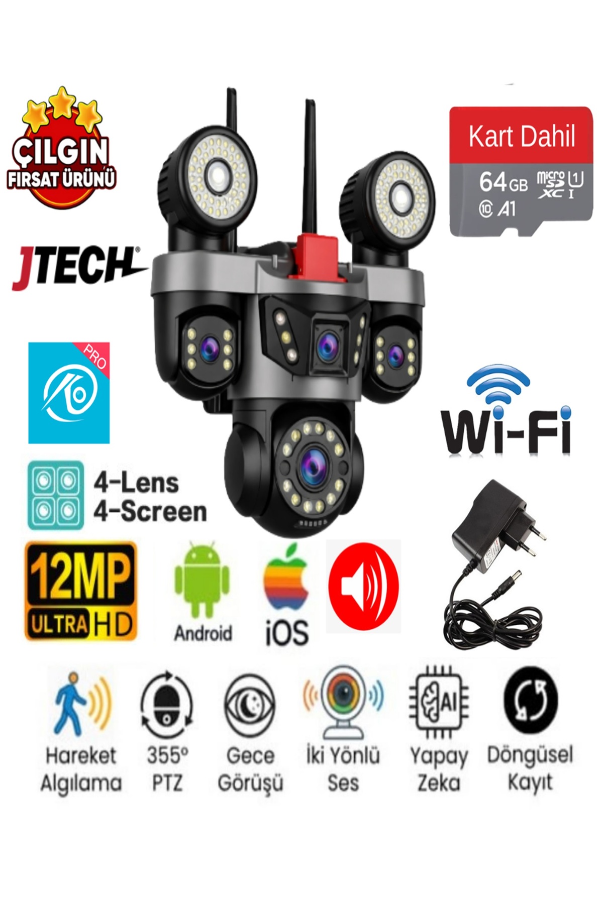 jtech O-KAM OK-231 PREMİUMW (3+3+3+3) 12MP Wi-fi 4 Lens Çakarlı Alert 1 PTZ Akıllı Kamera