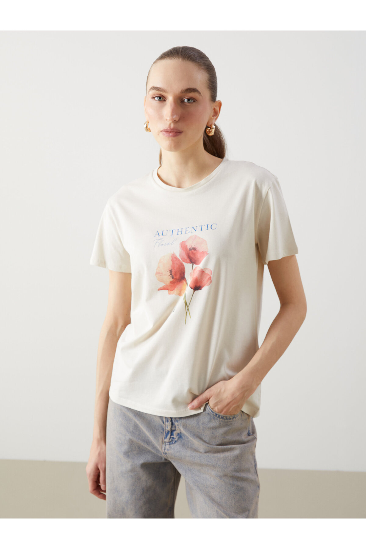 LC Waikiki Tricou de damă cu guler rotund, cu imprimeu floral, din jerseu