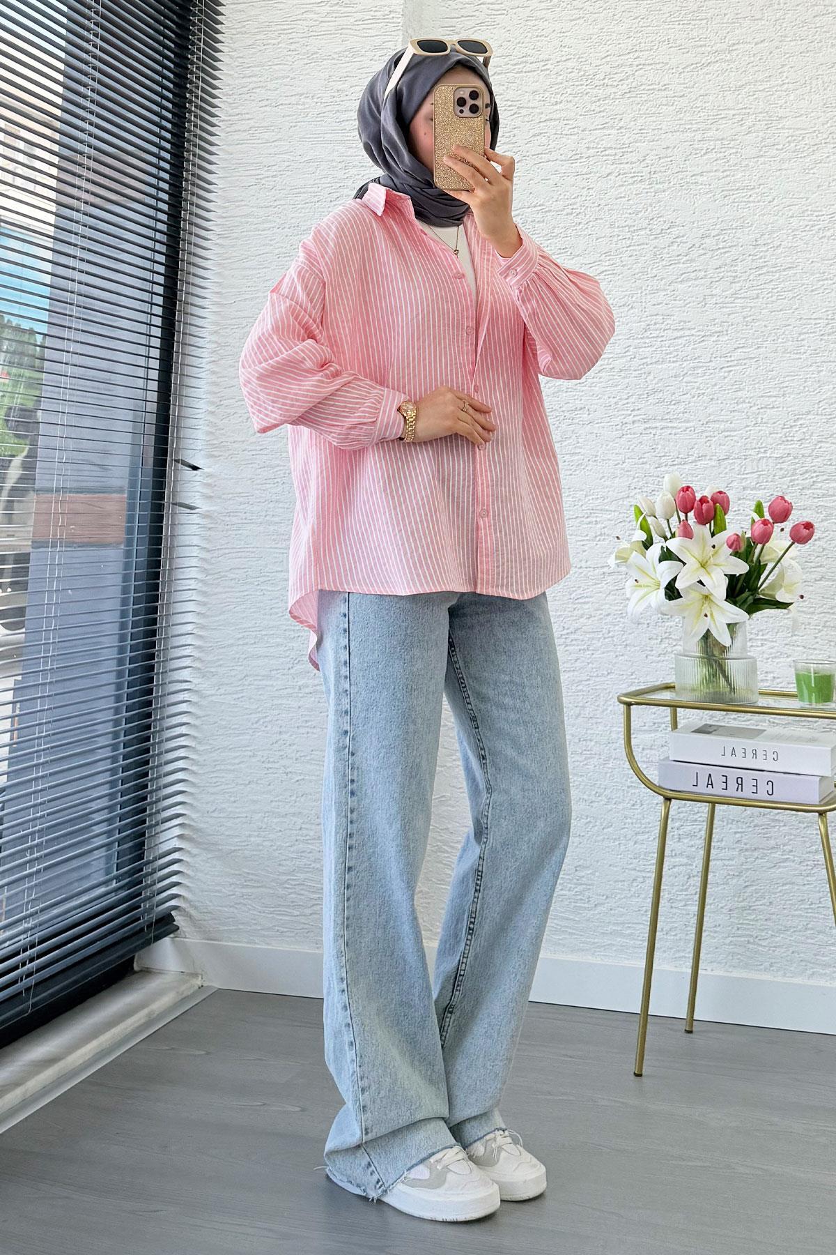 MELEK ARAZ  Çizgi Desen Oversize Kadın Gömlek – Pembe - Görsel 9