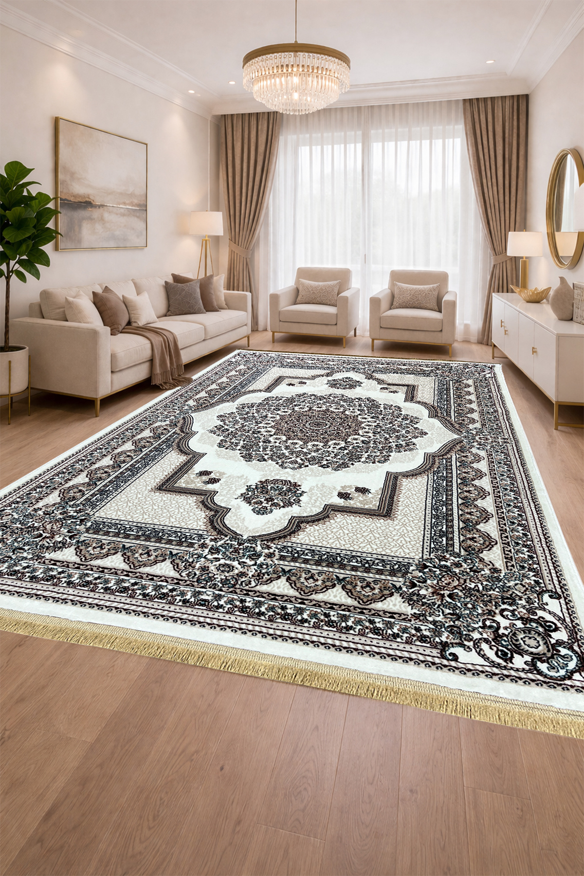 4 Square Meters - 6 Square Meters Modern Living Room Rug Soft Texture Antiallergic Silk Beige