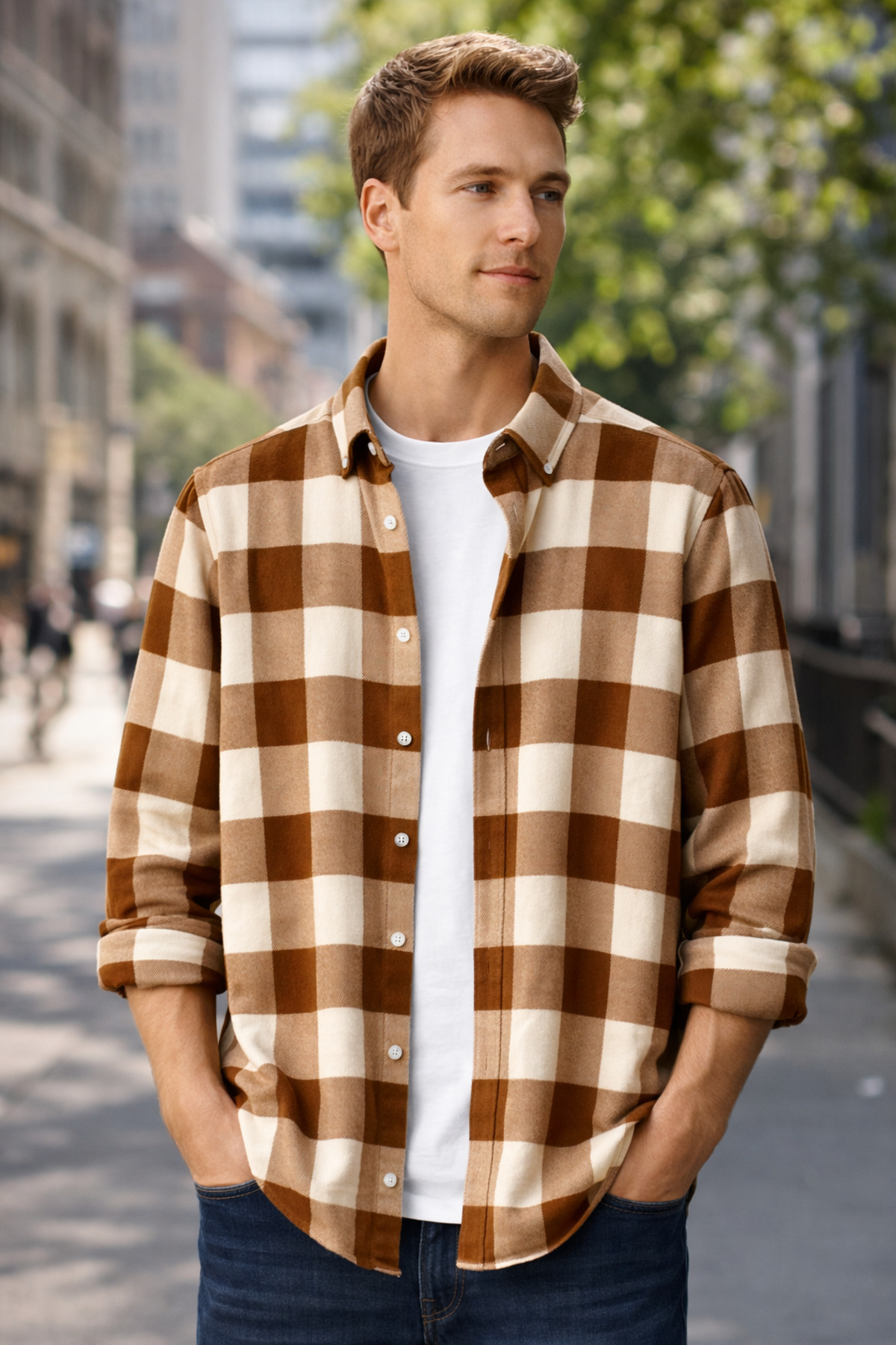 Brown-and-white checkered woodcutter shirt for men – comfortable Fit, new seasonal winter fashion trend