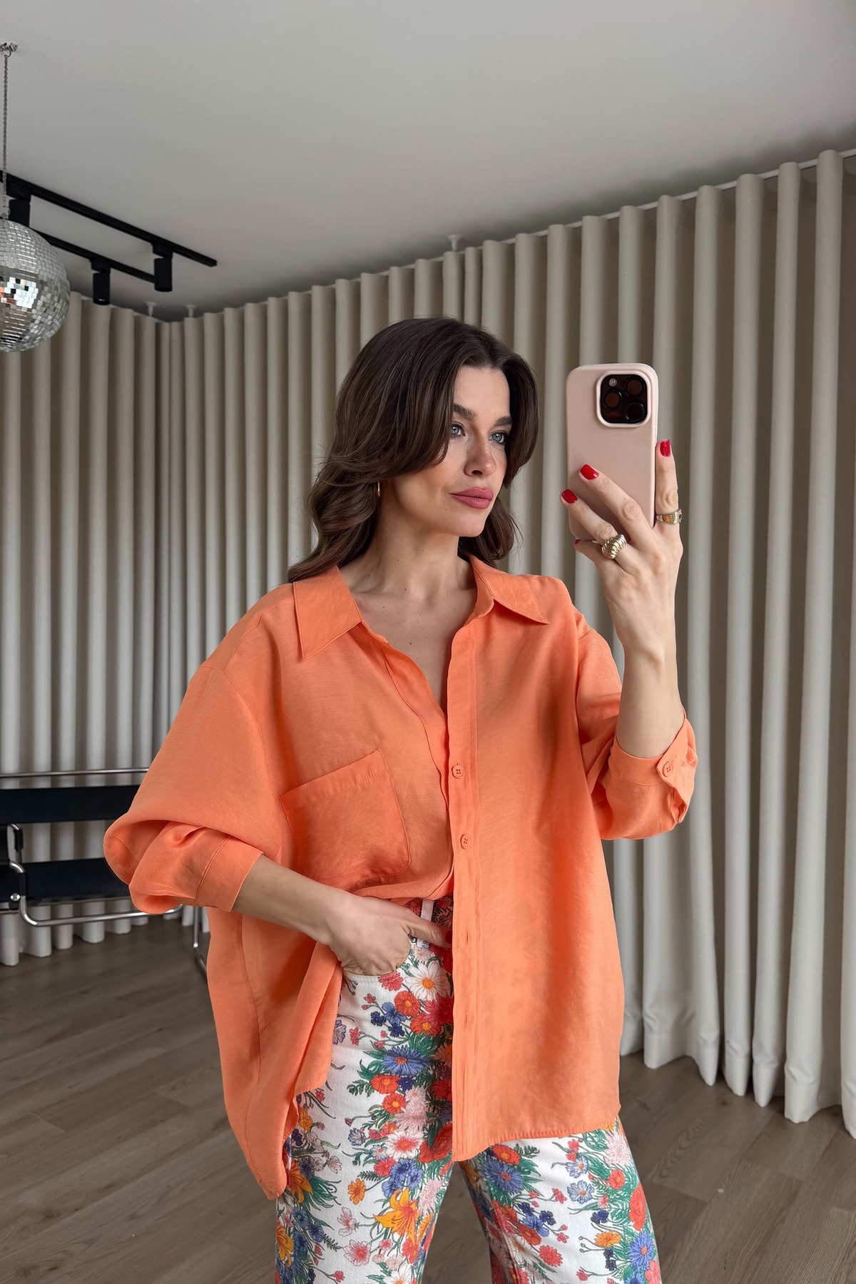 Sue Store  Turuncu Oversize Modal Kumaş Gömlek - Görsel 2