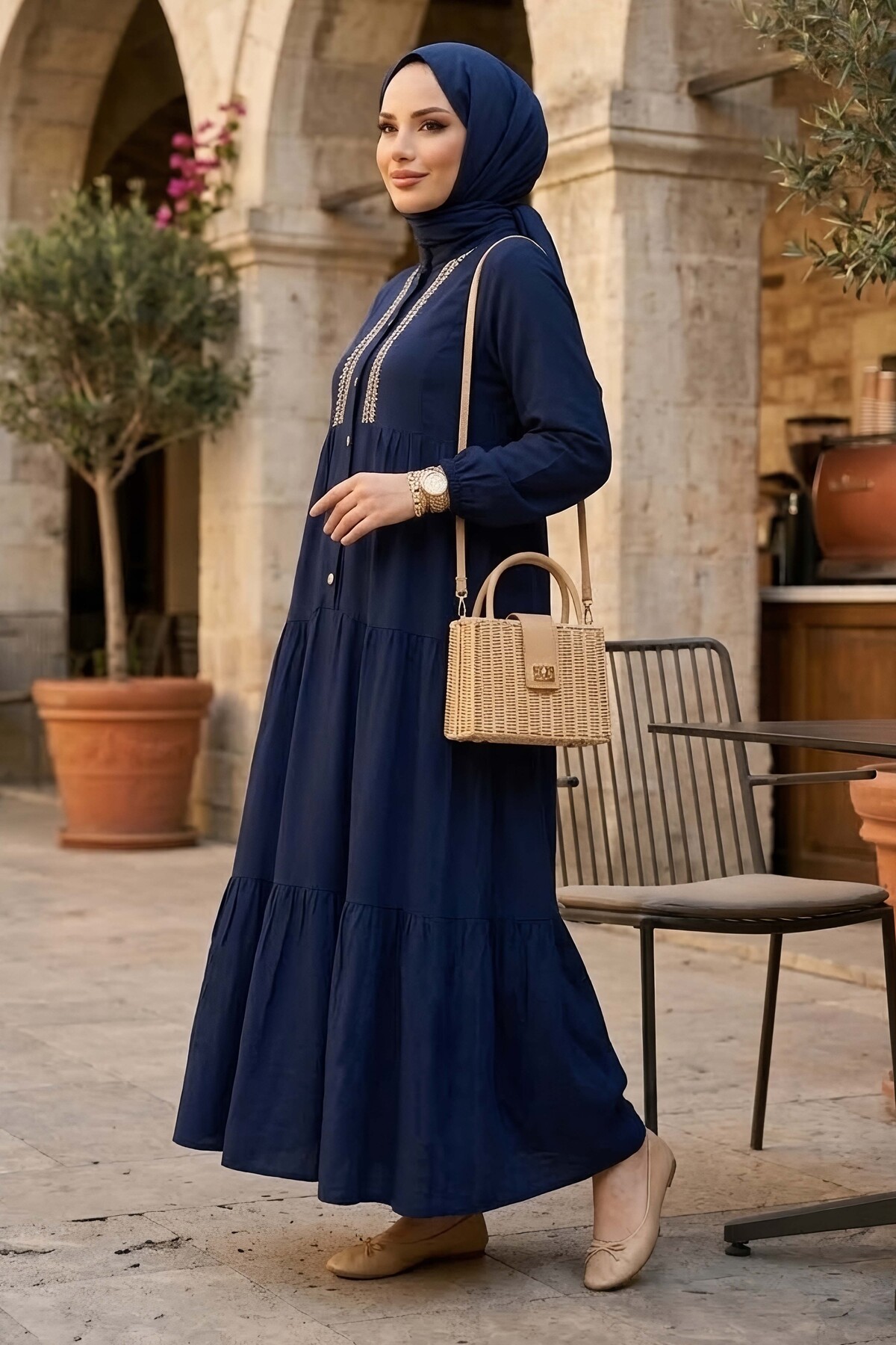 TOFİSA  Nakışlı Düğmeli Dokuma Viskon Elbise Lacivert - 28326-LACIVERT - Görsel 2