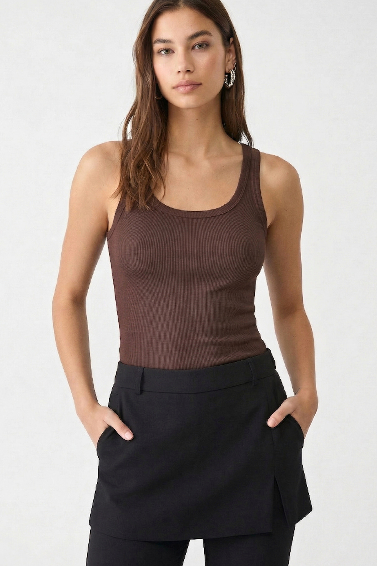 VODENS  Kahverengi Kalın Askılı %95 Pamuk Yumuşak Dokulu Fitilli Atlet - Görsel 2