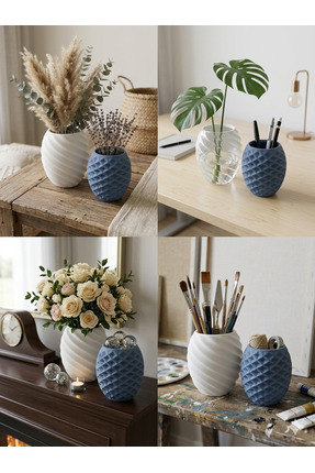 UEC Home Modern Vazo Seti - 2'li Geometrik & Helis Dekoratif Obje - Mat Antra...