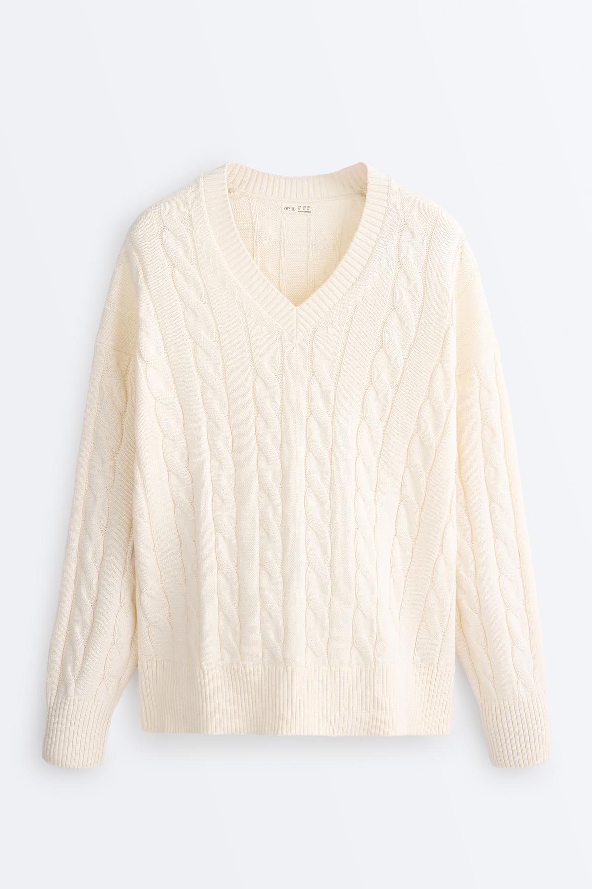 Oysho  V yaka saç örgü %100 pamuklu kazak - Görsel 7