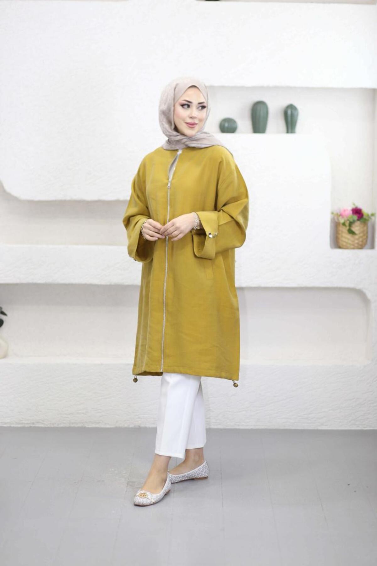 Suede Style  6346 - Rahat Fermuarlı Cepli Kol Düğme Detaylı Uzun Tunik - Görsel 2