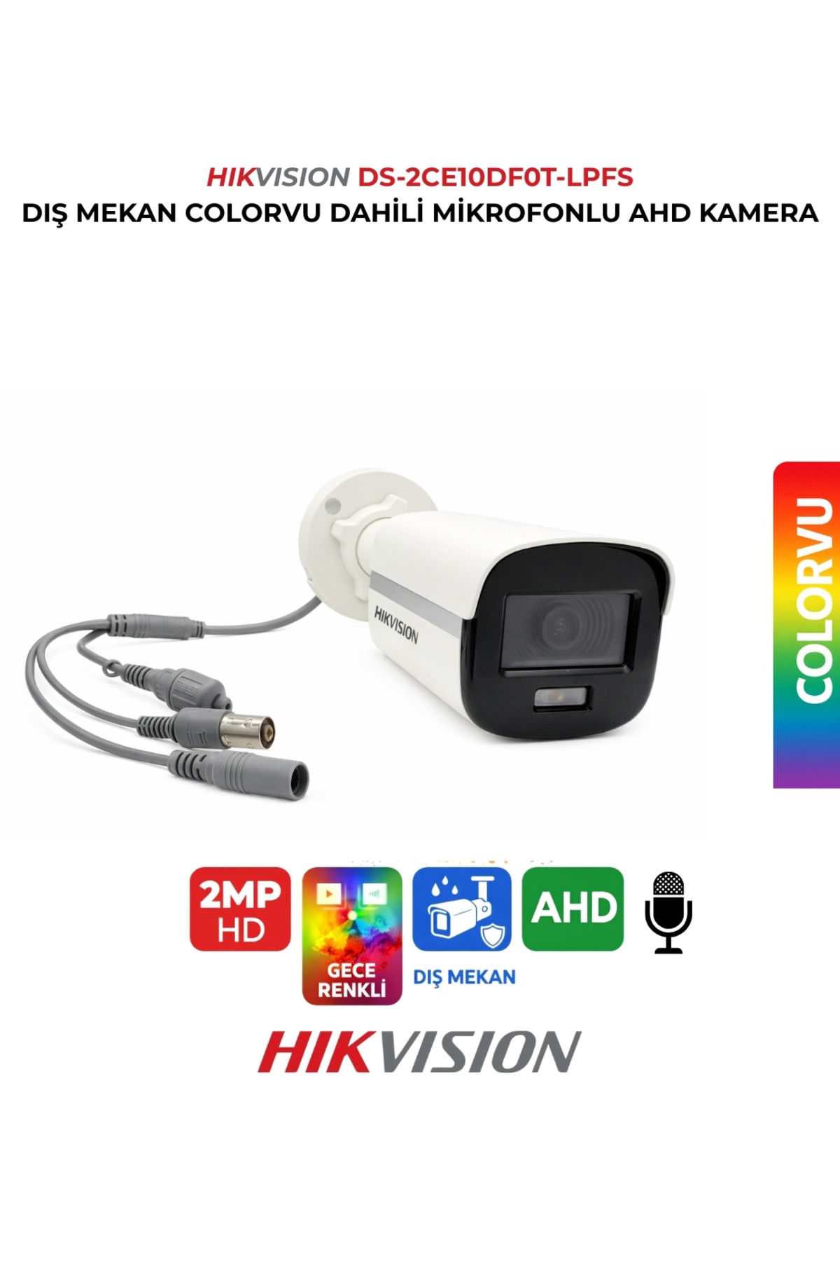 Hikvision 2MP ColorVu Mikrofonlu Kamera DS-2CE10DF0T-LPFS 2.8mm