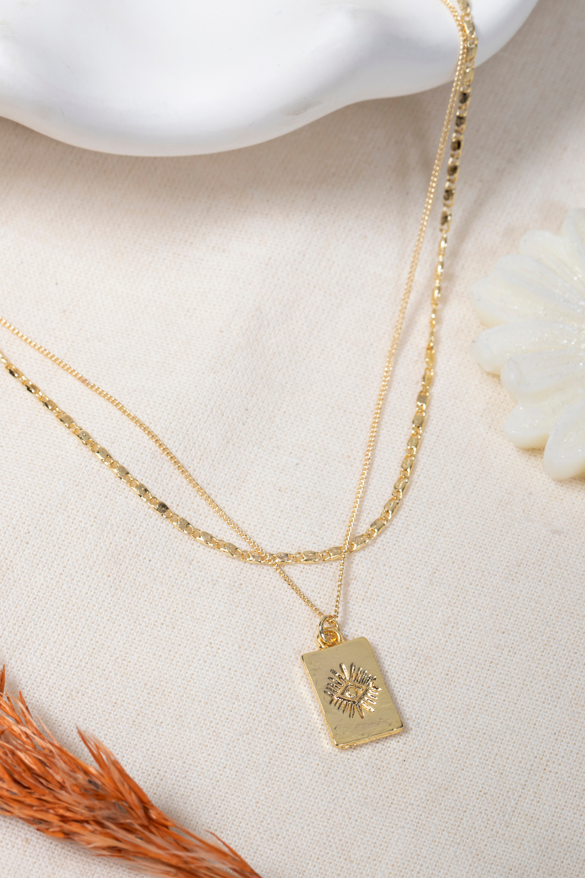 Gold Plate Model Multiple Chain Necklace with Eye Detail