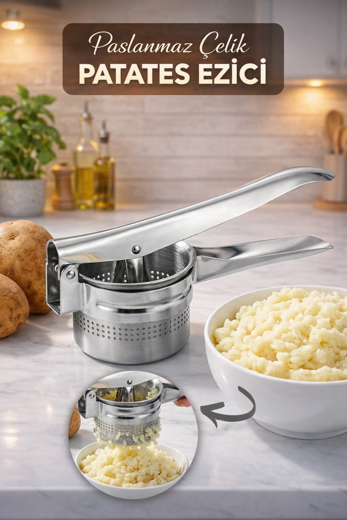 Paslanmaz Çelik Patates Ezici Büyük Hazneli | Pratik Püre Yapıcı Profesyonel Ezecek