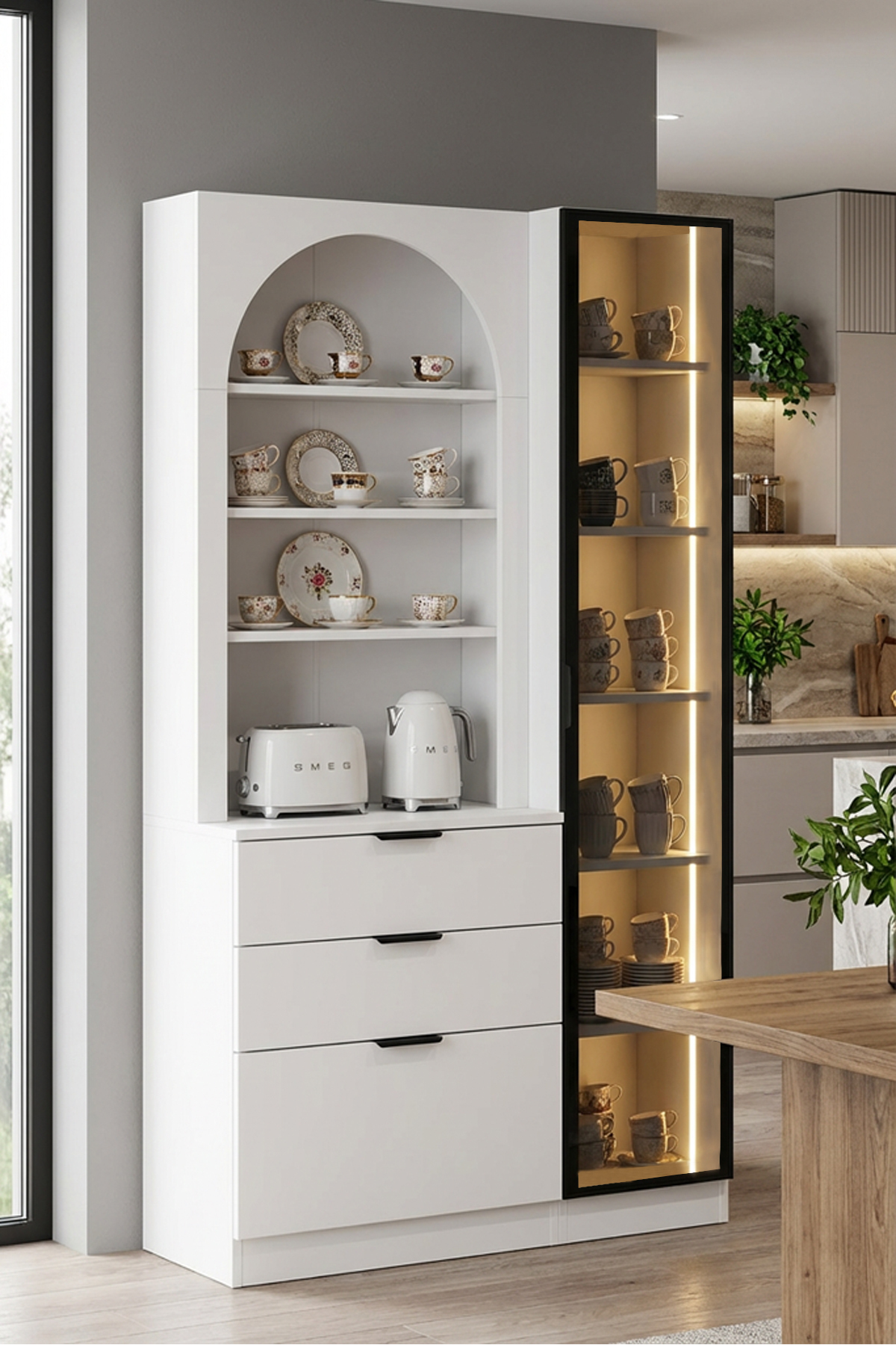 Diva Multi Purpose Wardrobe with Led 1 Door Open Oval Shelf Coffee Corner Kitchen Cabinet Plain White
