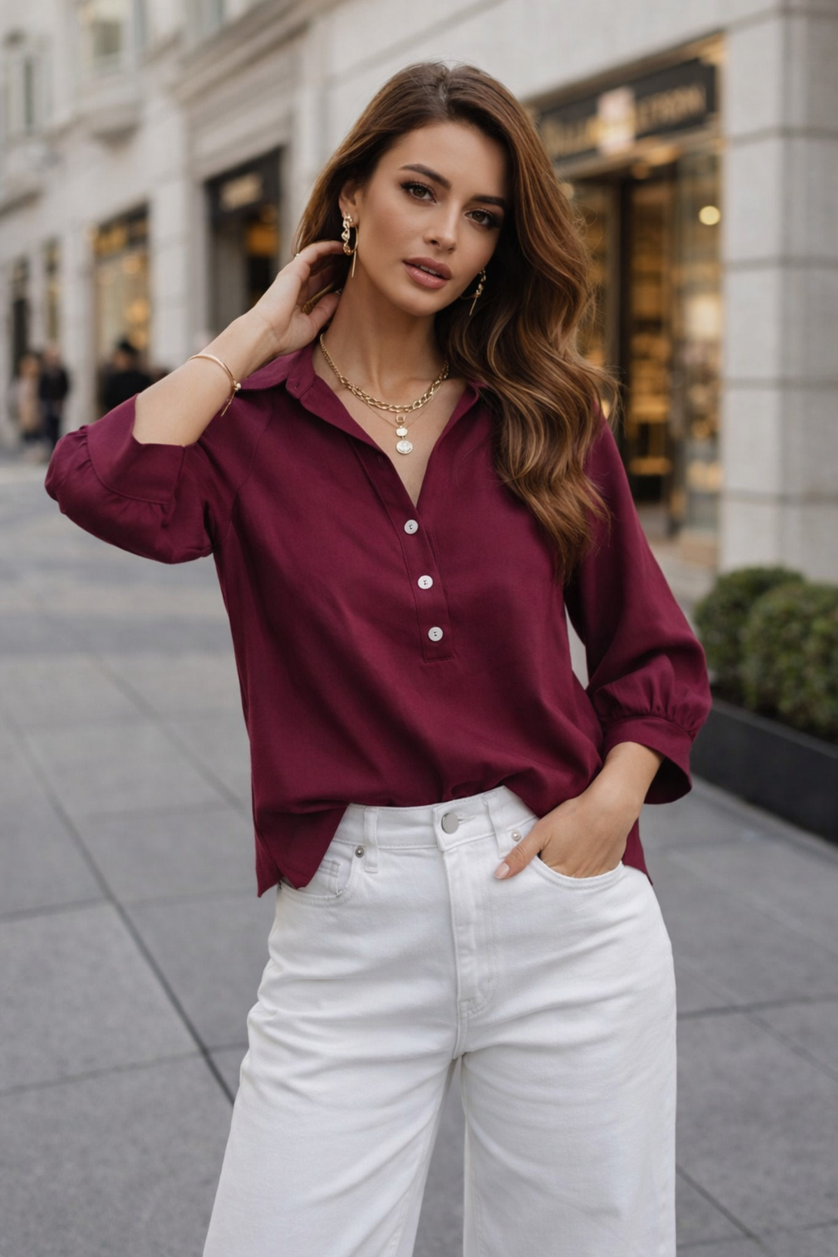 Rich  Kadın Kruvaze yaka Yarım Pat Düğmeli Bluz - Görsel 5