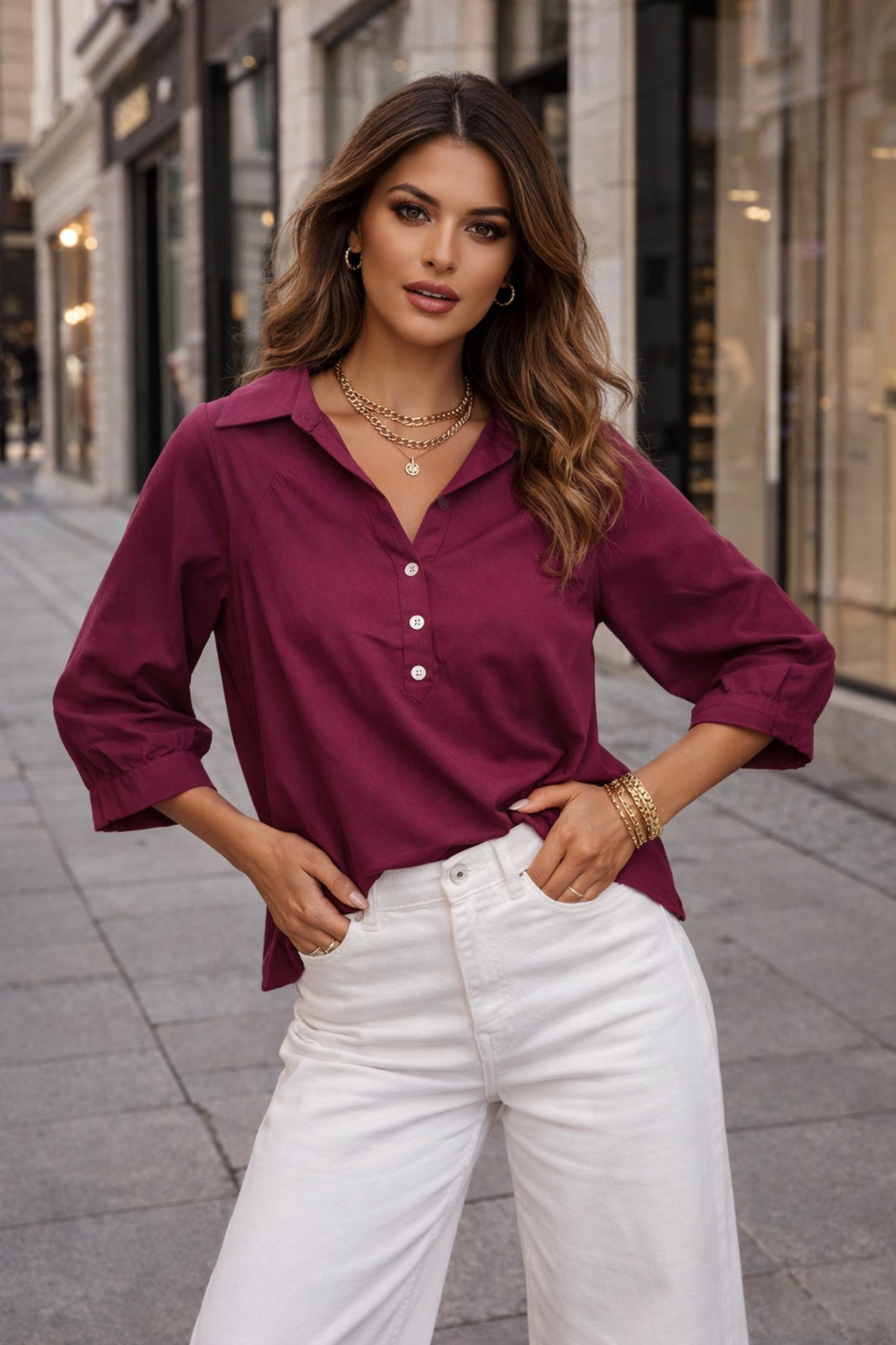 Rich  Kadın Kruvaze yaka Yarım Pat Düğmeli Bluz - Görsel 4