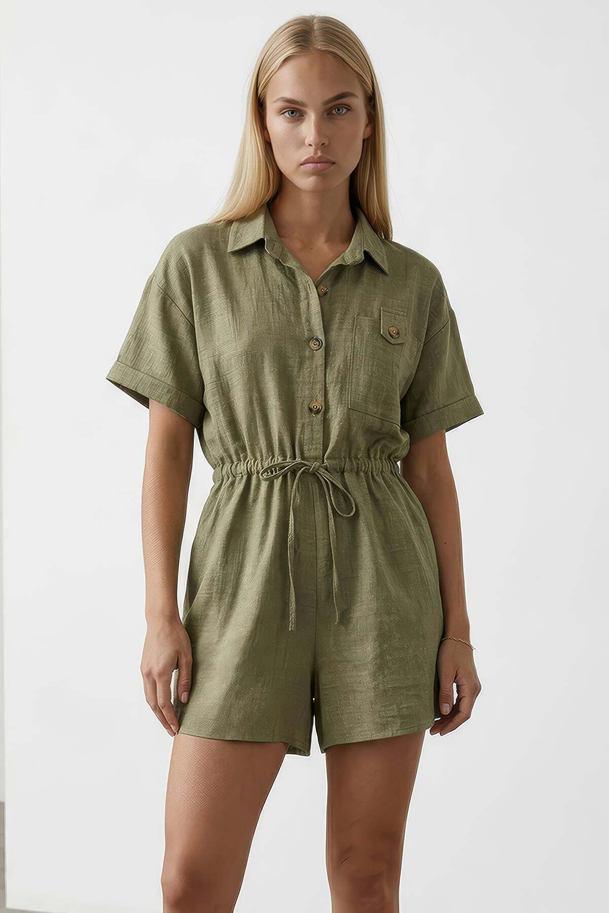 Khaki Shirt Collar Double Pockets Sofia Linen Shorts Jumpsuit ALC-X11611