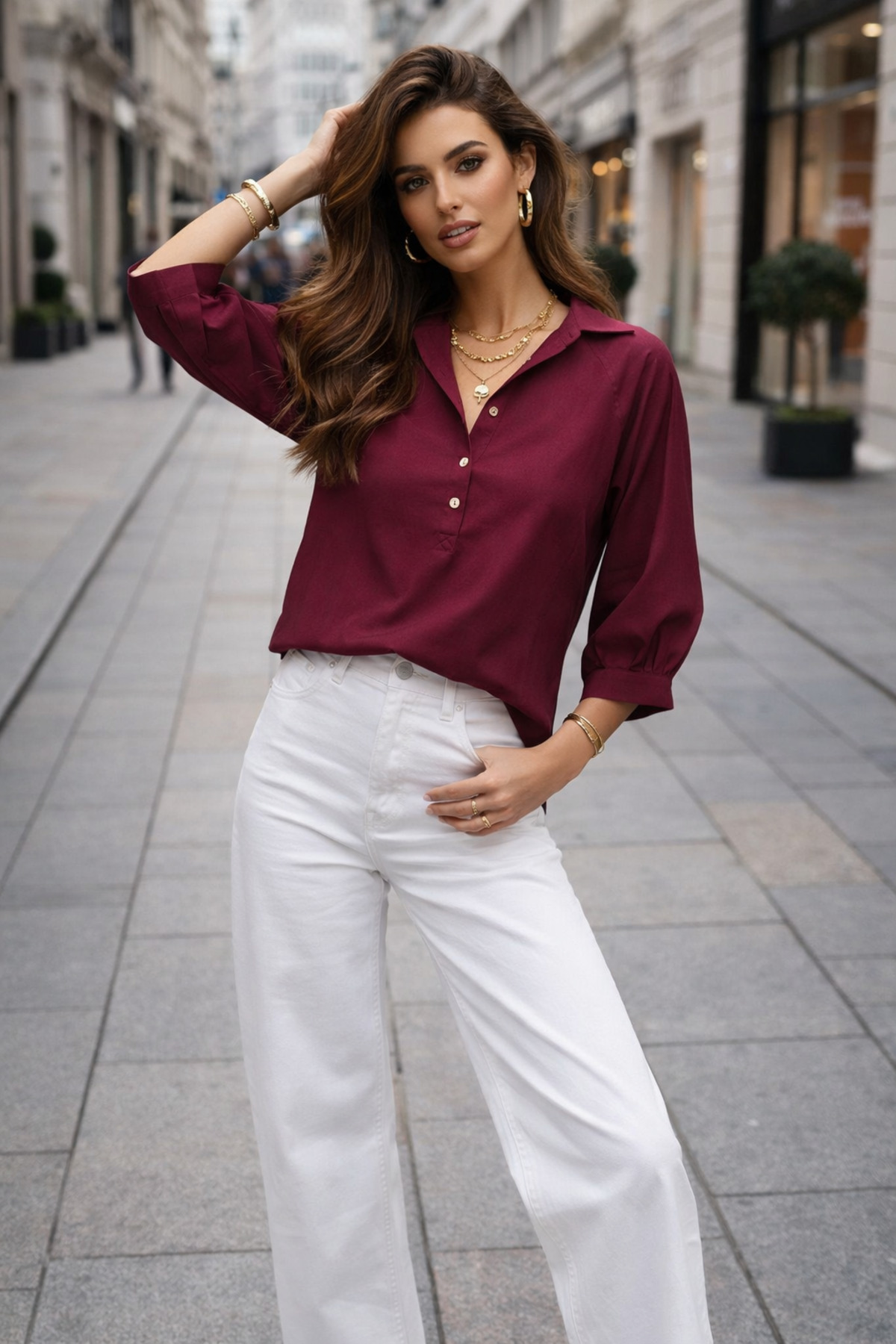 Rich  Kadın Kruvaze yaka Yarım Pat Düğmeli Bluz - Görsel 7