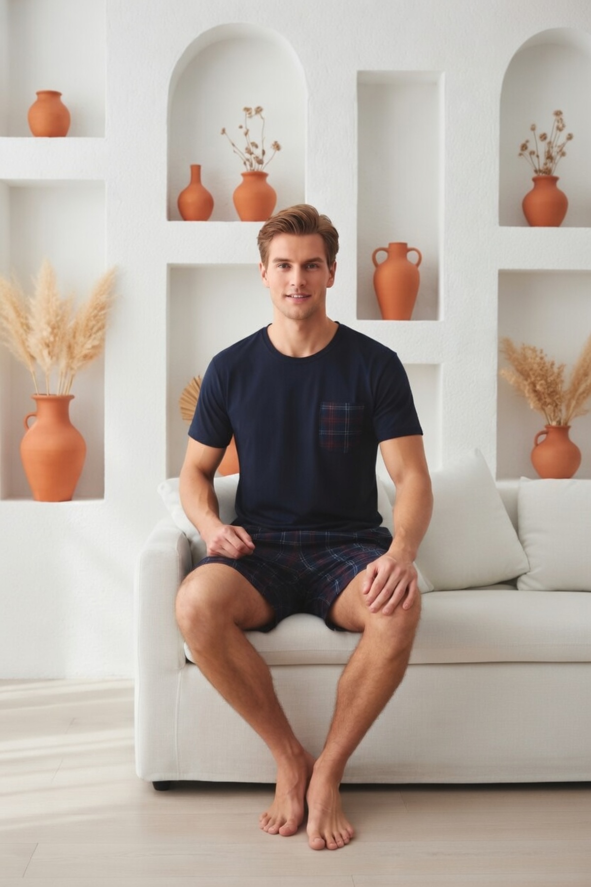 Sude HOMEWEAR Sude ERKEK DESENLİ KISA KOL ŞORTLU PİJAMA TAKIMI