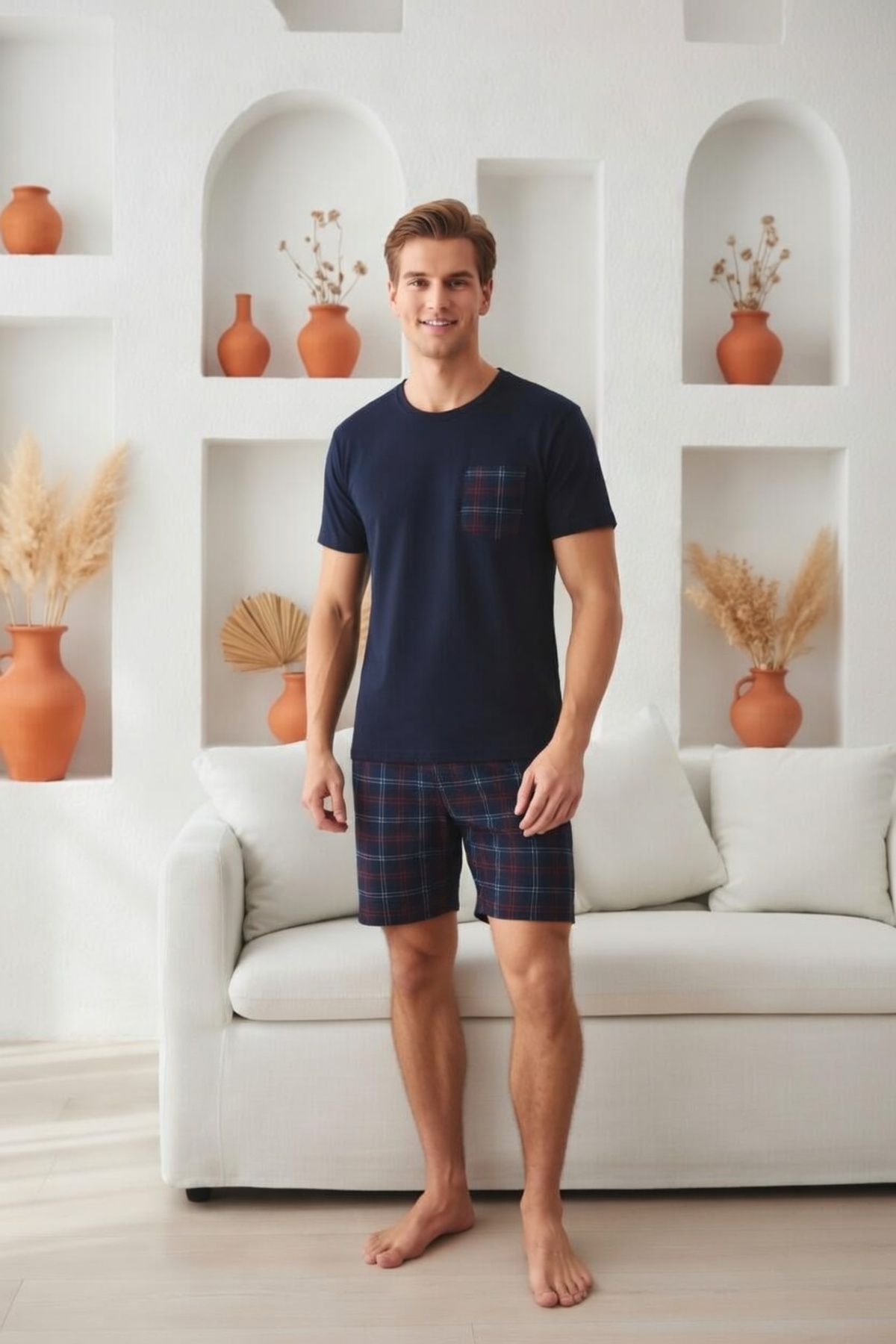 Sude HOMEWEAR Sude ERKEK DESENLİ KISA KOL ŞORTLU PİJAMA TAKIMI görsel 2