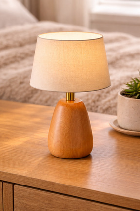 Vinner Minimal Ahşap Abajur Modern Gece Lambası Krem Şapkalı Komodin Lambası ...