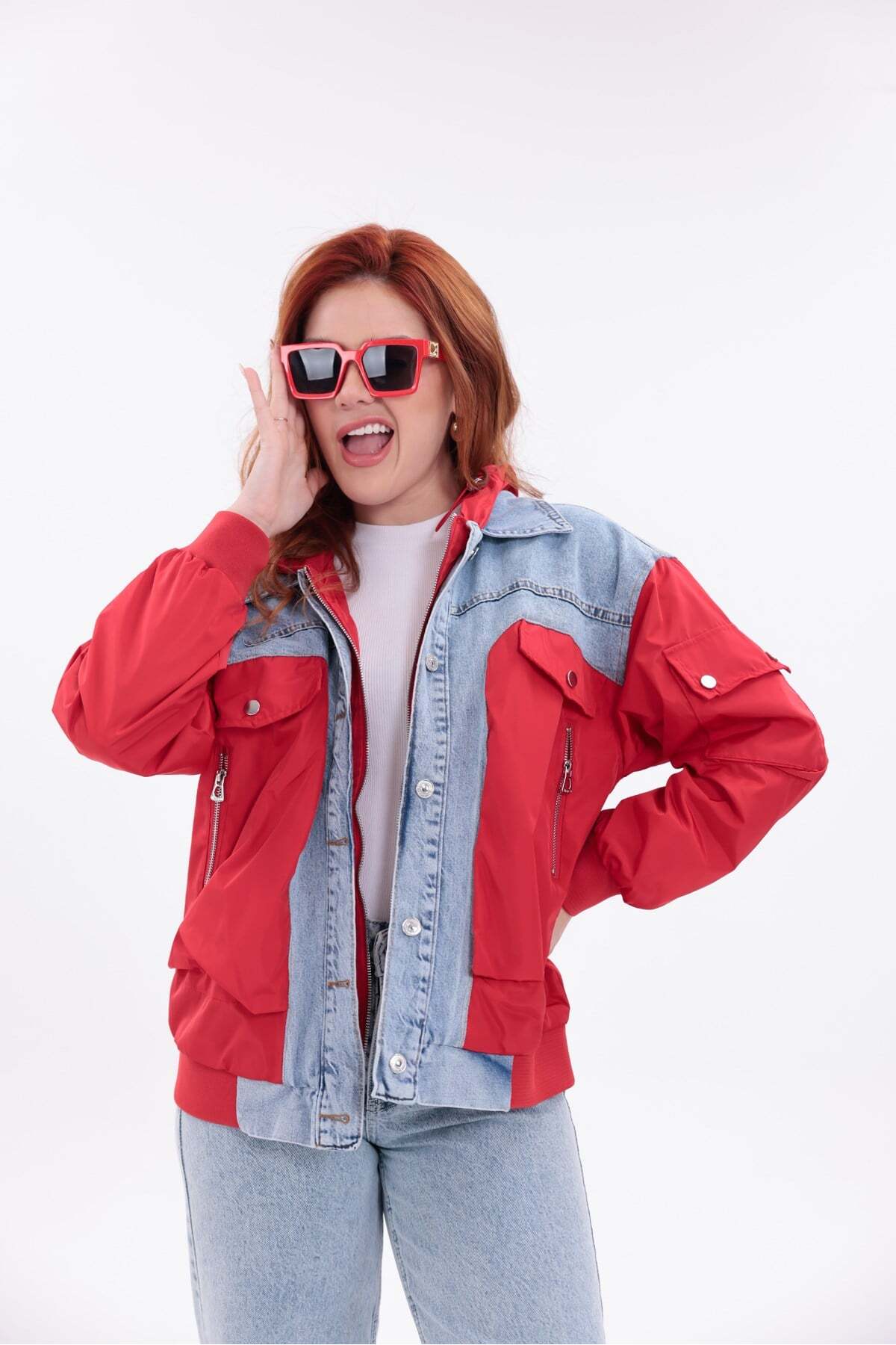 Yeys Shop Mix Kırmızı Denim Detaylı Premium Ceket görsel 5