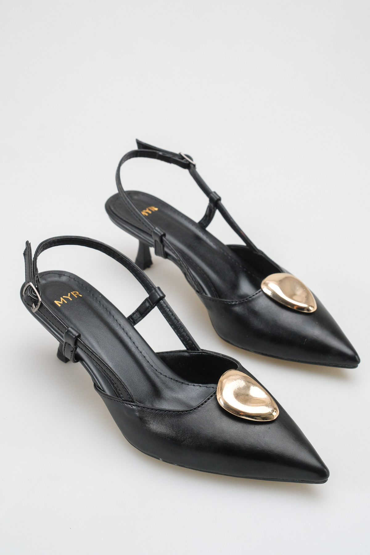 Women's Buckle-Back Short Pointed Heels Black Skin