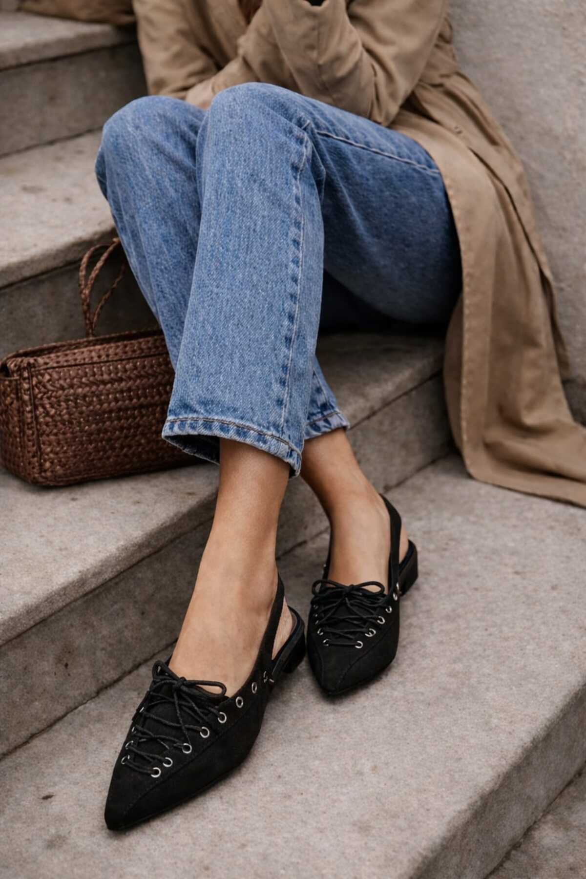 CİMİLİ SHOES Kadın Siyah Sivri Burun Bağcıklı Babet Günlük Ortopedik Tabanlı Ayakkabı görsel 4