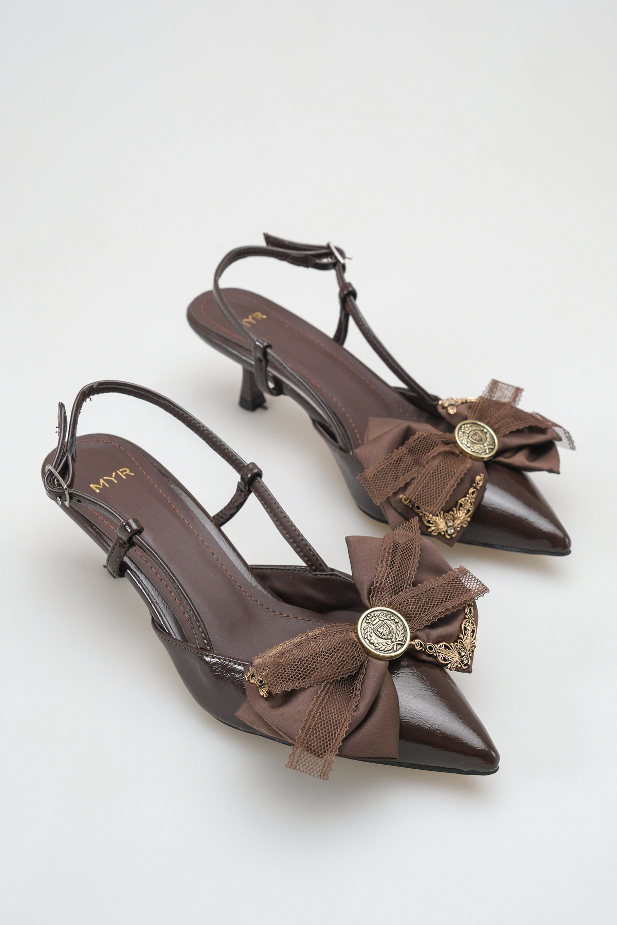 Women's Bowtie Open-Back Short Pointed Heels Bitter Coffee