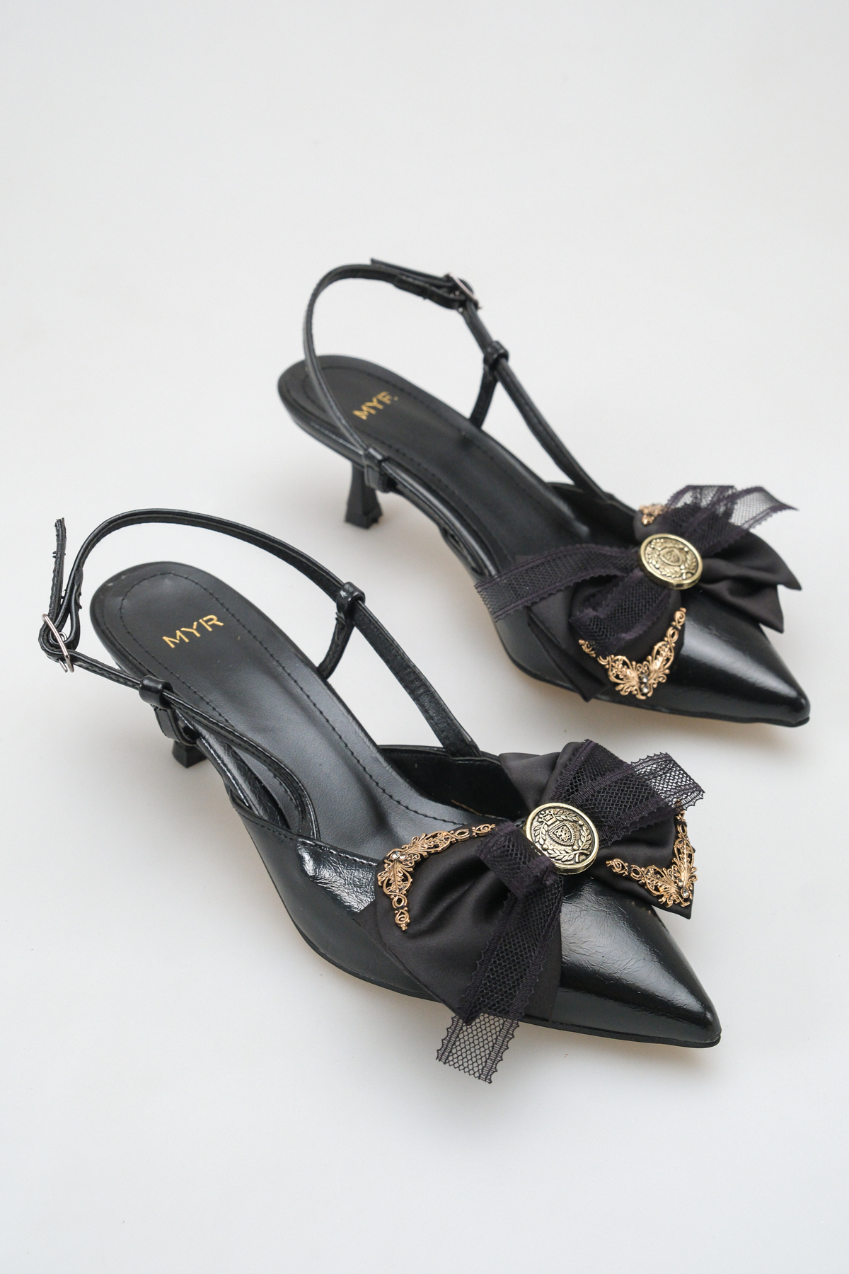 Women's Bowtie Open Back Short Pointed Heels Shoes Black