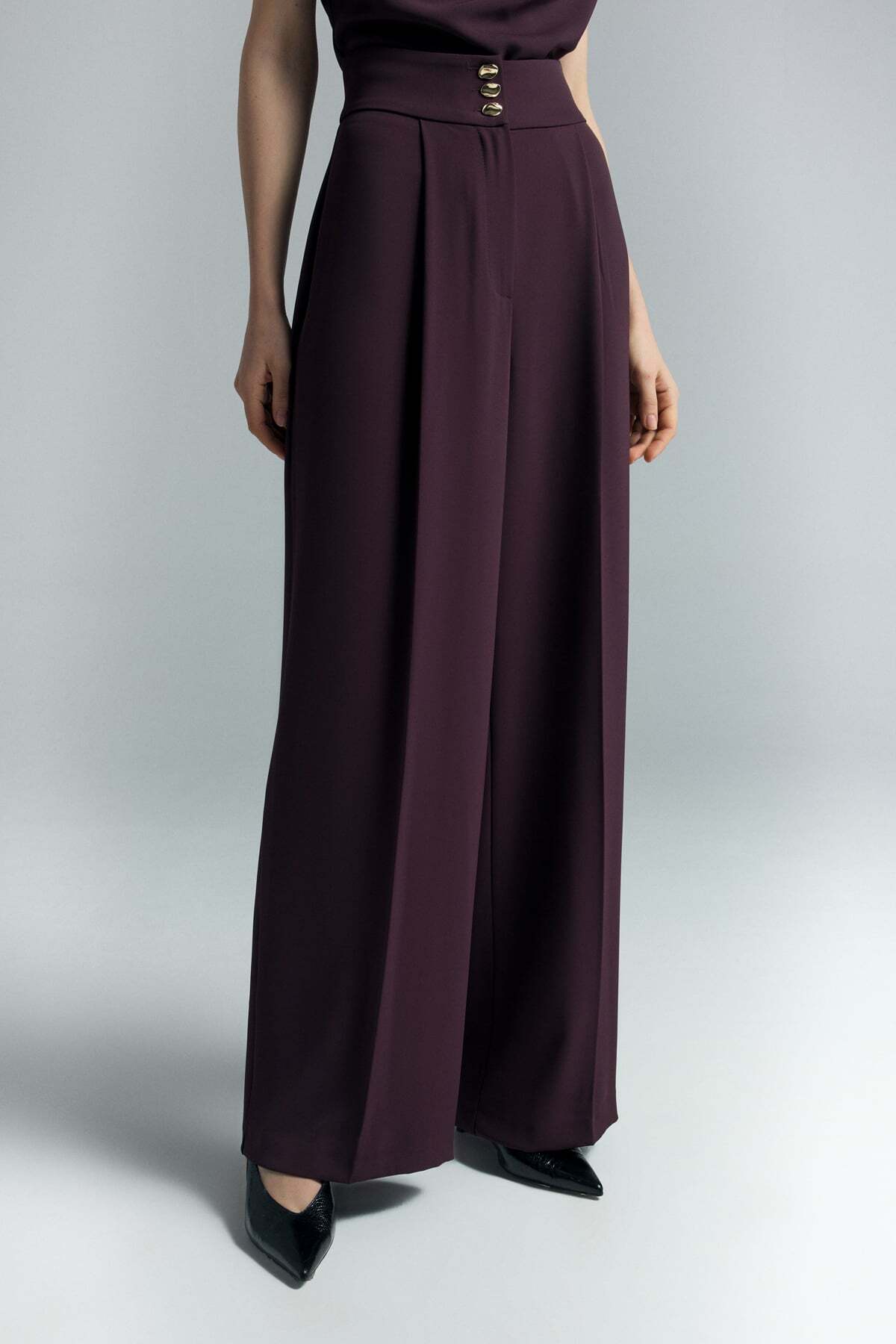 Sateen  Talia Düğme Detaylı Pantolon - Mürdüm - Görsel 3