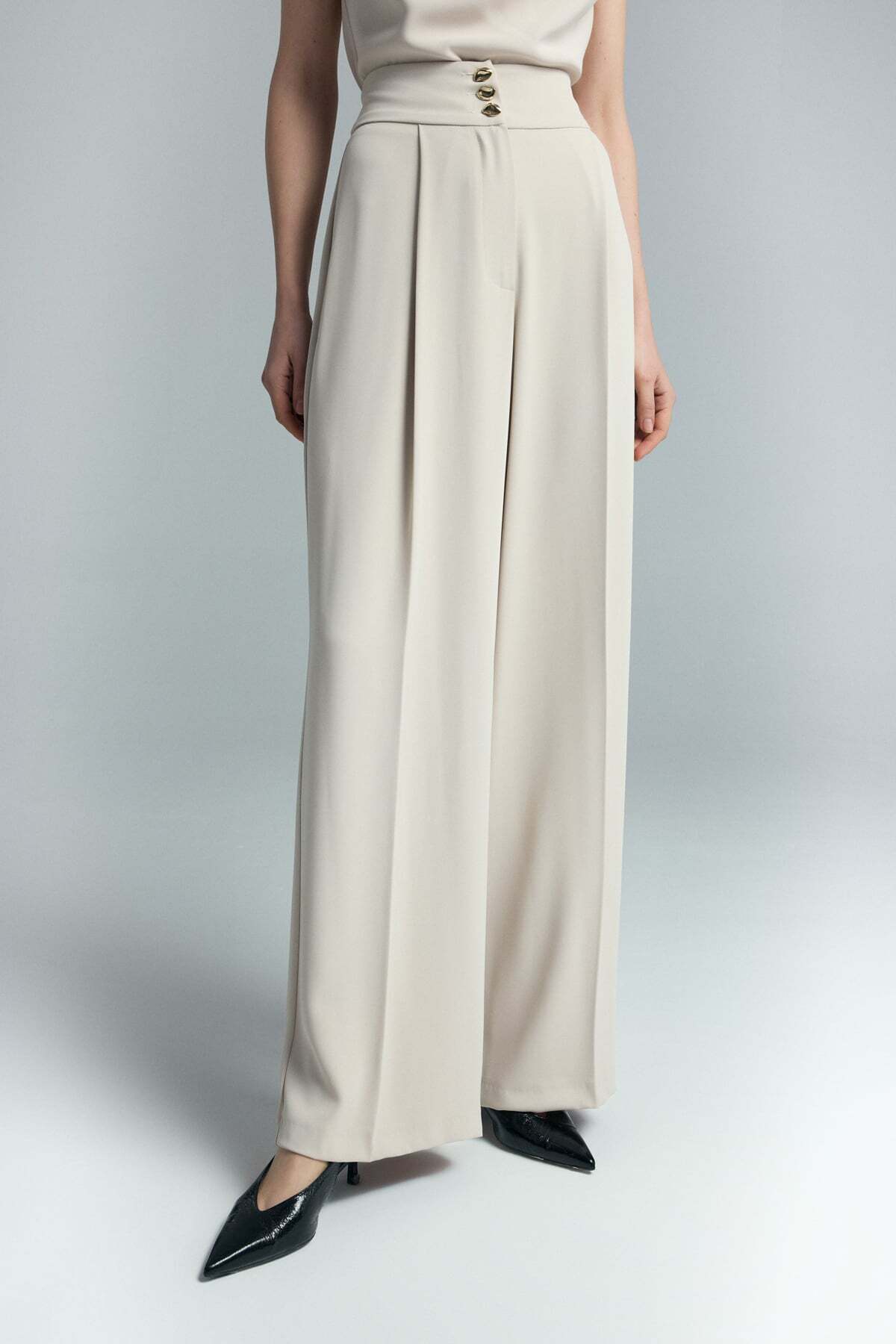 Sateen  Talia Düğme Detaylı Pantolon - Bej - Görsel 5