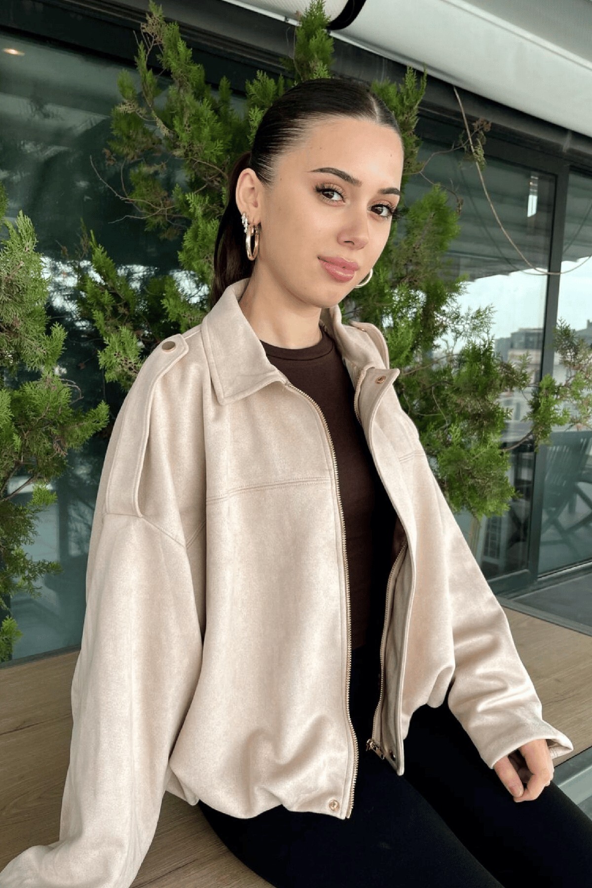 PRİFALDİ ZR Oversize BEJ Süet Bomber Ceket görsel 5