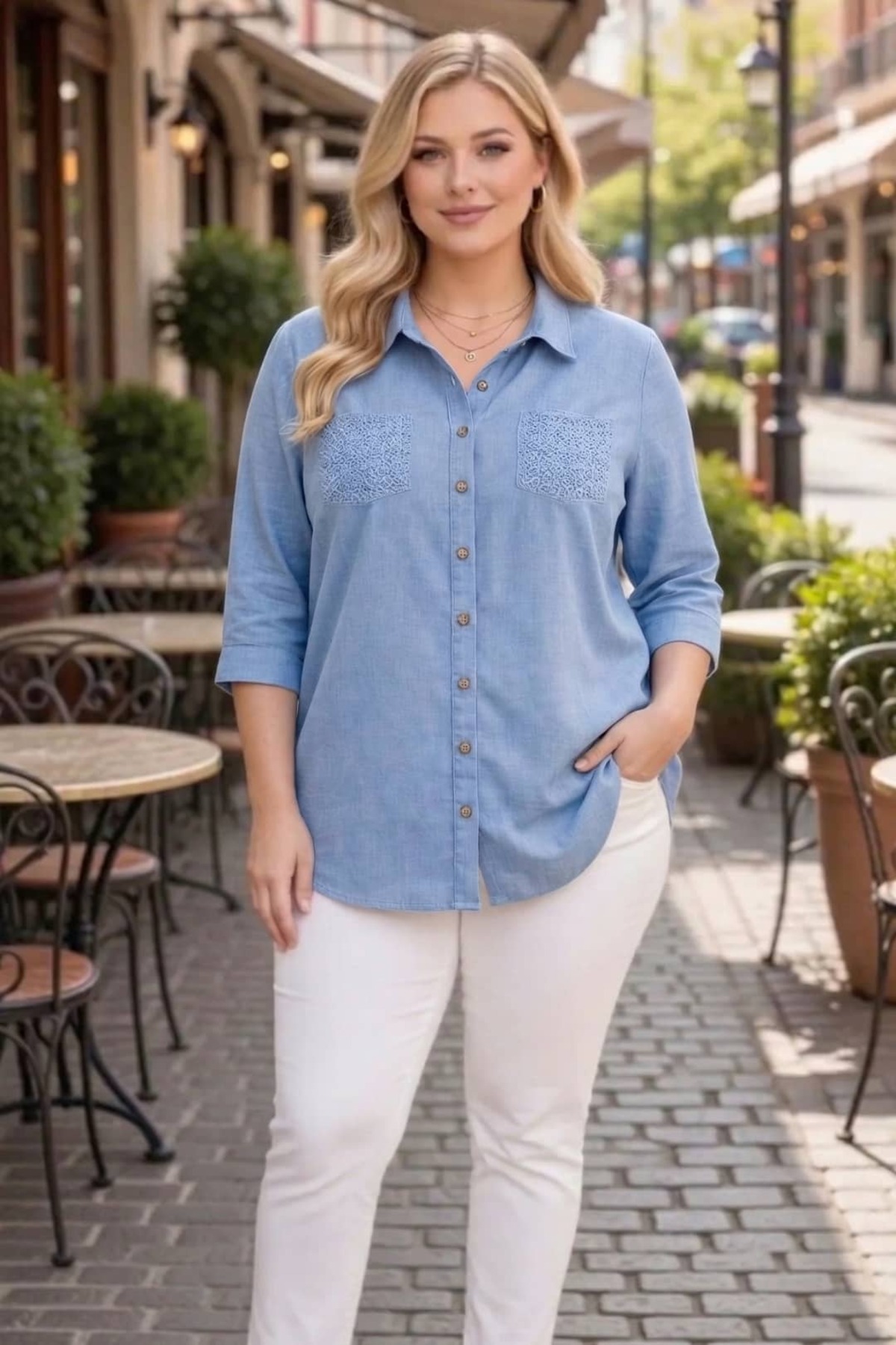 tarzımsüper  Büyük Beden Kadın Polo Yaka Boydan Düğmeli Yıkamalı Kumaş Kapri Kol Pamuklu Otantik Gömlek - Görsel 4