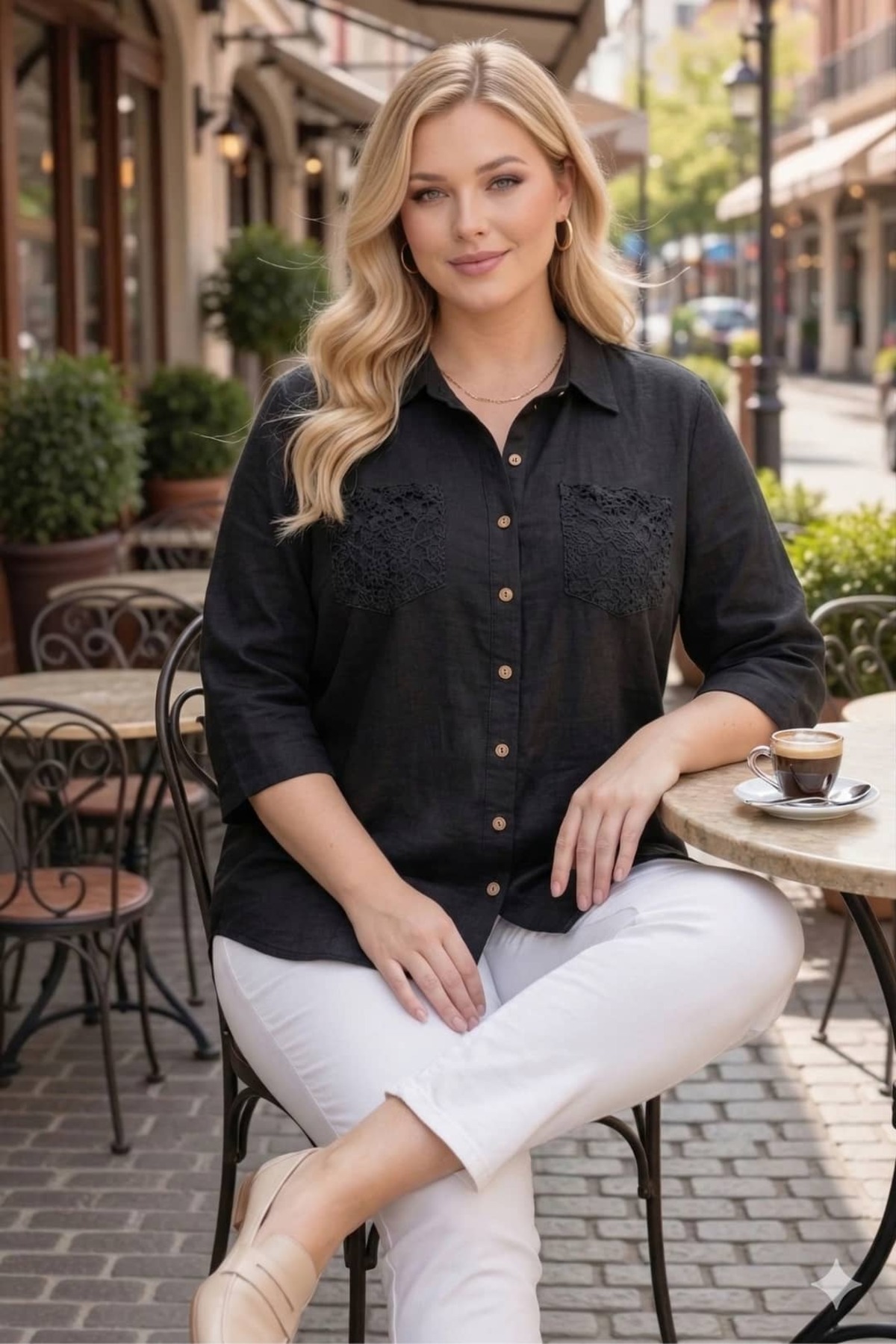 tarzımsüper  Büyük Beden Kadın Polo Yaka Boydan Düğmeli Yıkamalı Kumaş Kapri Kol Pamuklu Otantik Gömlek - Görsel 6