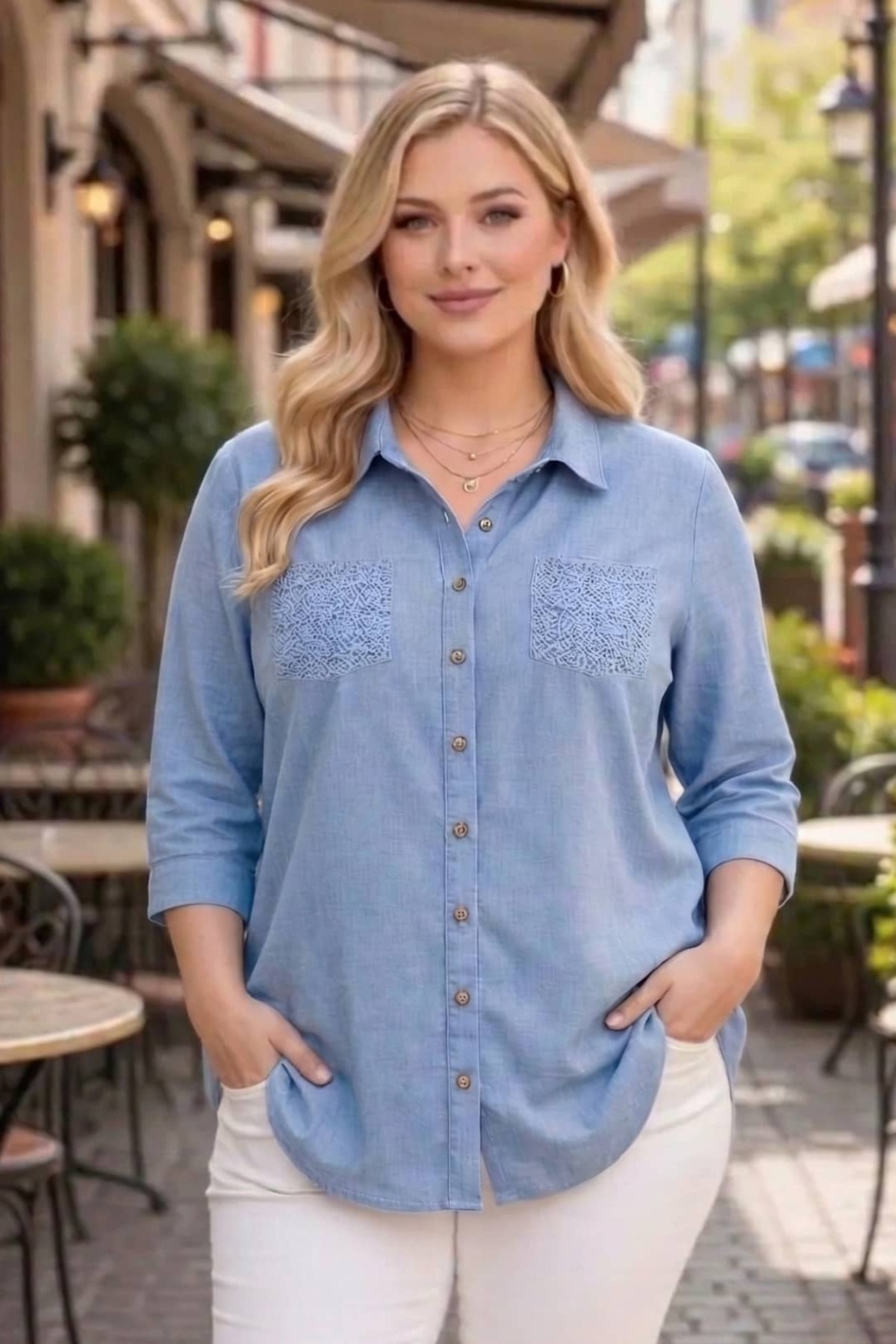 tarzımsüper  Büyük Beden Kadın Polo Yaka Boydan Düğmeli Yıkamalı Kumaş Kapri Kol Pamuklu Otantik Gömlek - Görsel 3