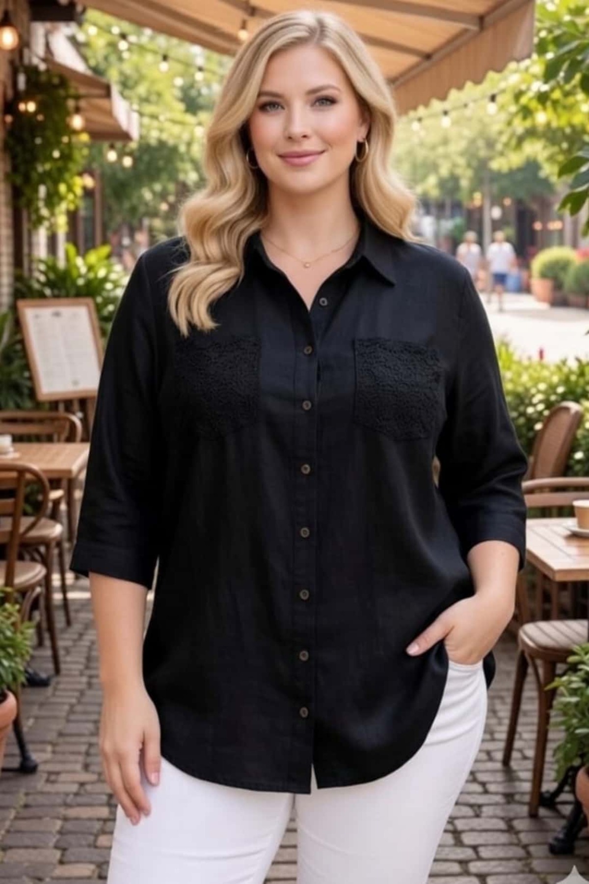 tarzımsüper  Büyük Beden Kadın Polo Yaka Boydan Düğmeli Yıkamalı Kumaş Kapri Kol Pamuklu Otantik Gömlek