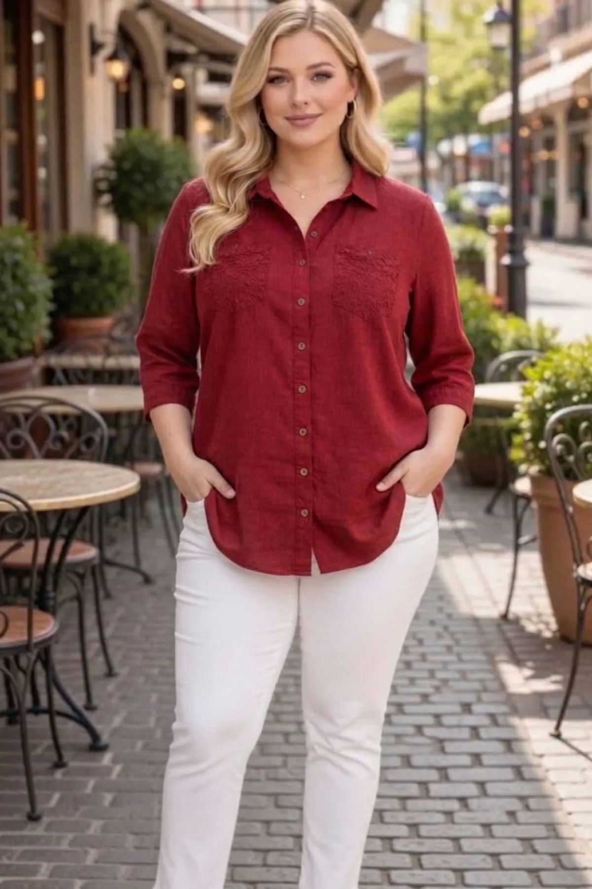 tarzımsüper  Büyük Beden Kadın Polo Yaka Boydan Düğmeli Yıkamalı Kumaş Kapri Kol Pamuklu Otantik Gömlek - Görsel 4