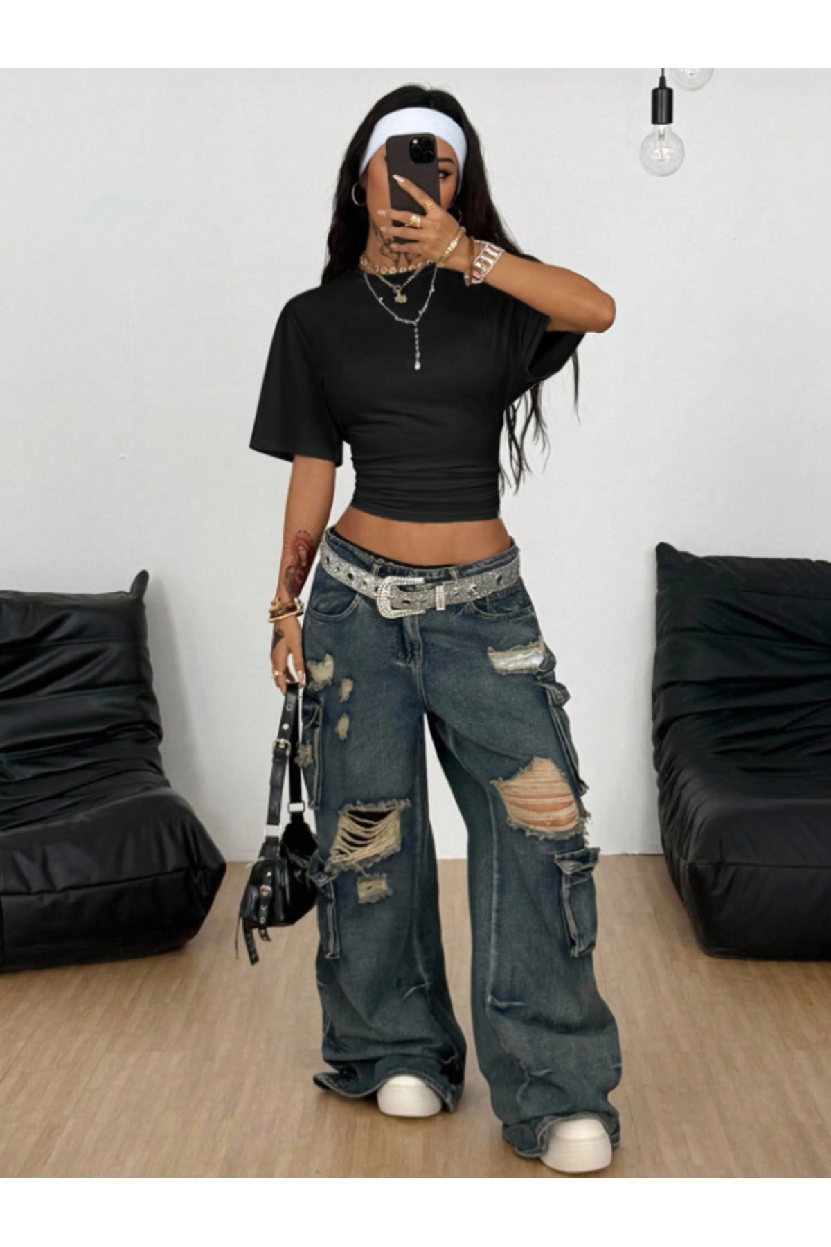 ASPANDA  Siyah Beyaz İkili Bele Oturan Geniş Kollu Doğal %100 Pamuk Bluz - Görsel 5