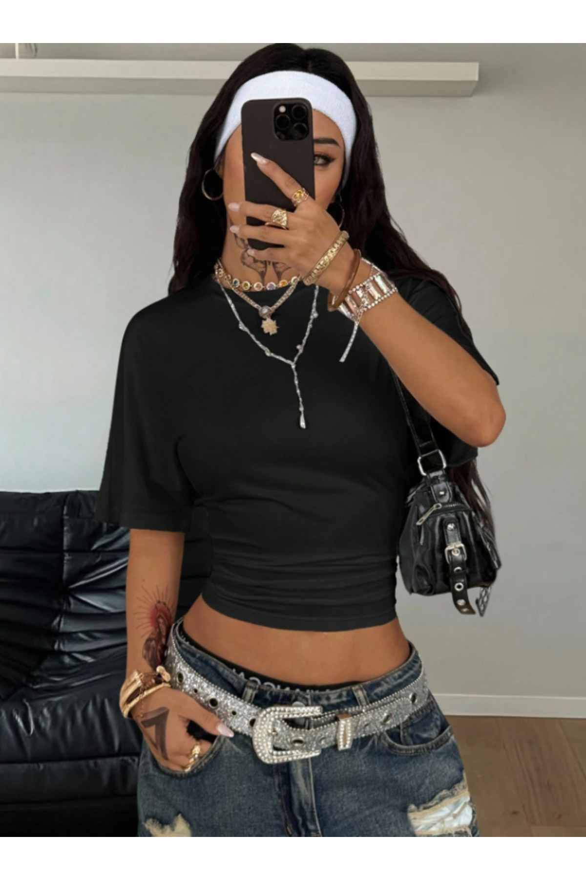 ASPANDA  Siyah Beyaz İkili Bele Oturan Geniş Kollu Doğal %100 Pamuk Bluz - Görsel 4