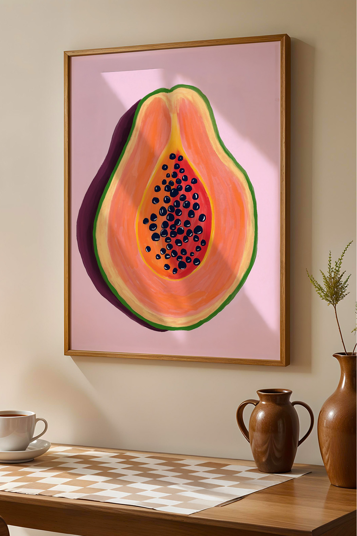 Papaya Tablo Modern Mutfak Poster Tropikal Meyve İllüstrasyon Duvar Dekoru Çerçevesiz