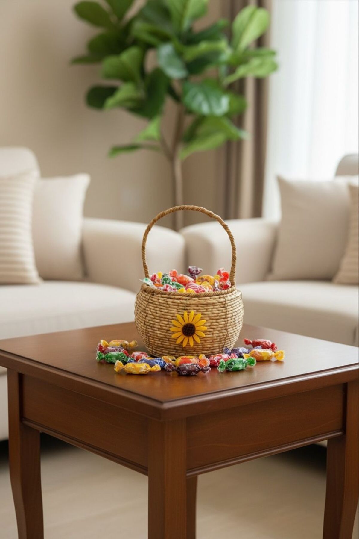 Samah Papatya Detaylı Kulplu Hasır Sepet | Yuvarlak Beyaz Dekoratif Sepet