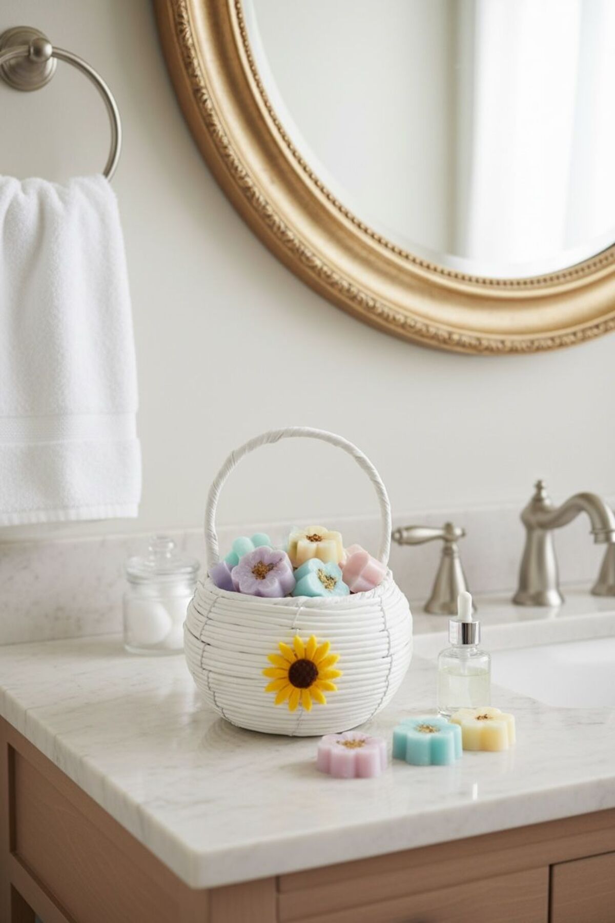 Samah Papatya Detaylı Kulplu Hasır Sepet | Yuvarlak Beyaz Dekoratif Sepet