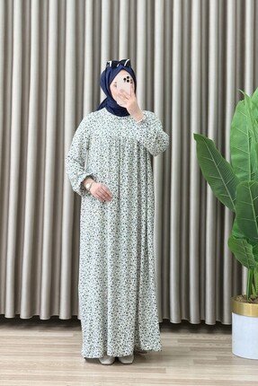 mercan moda Lale Elbise Viskon Kumaş Kadın Beyaz Bol Kesim Kol Lastikli Elbise