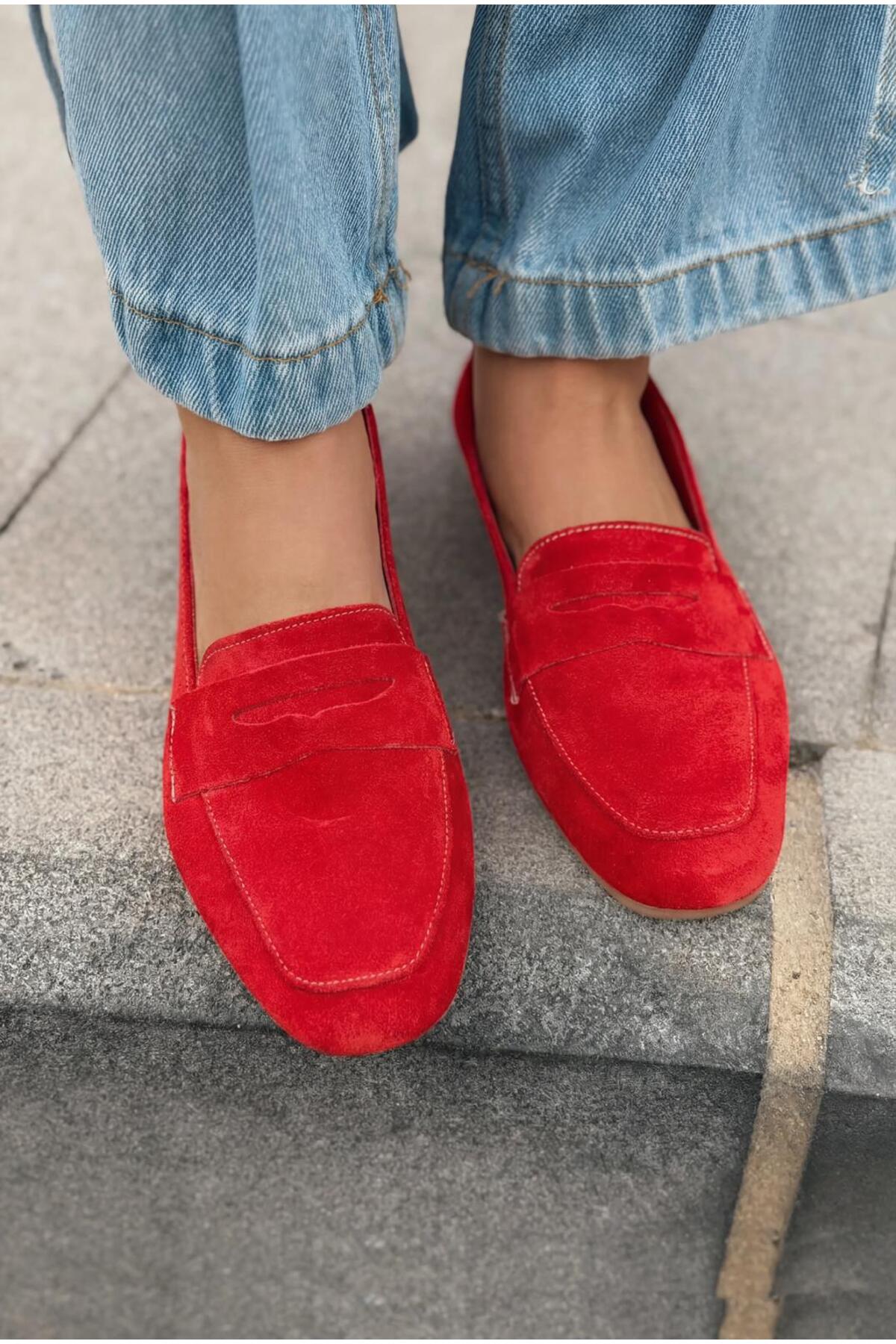 I Love Shoes Melniel Hakiki Süet Kadın Loafer Kırmızı