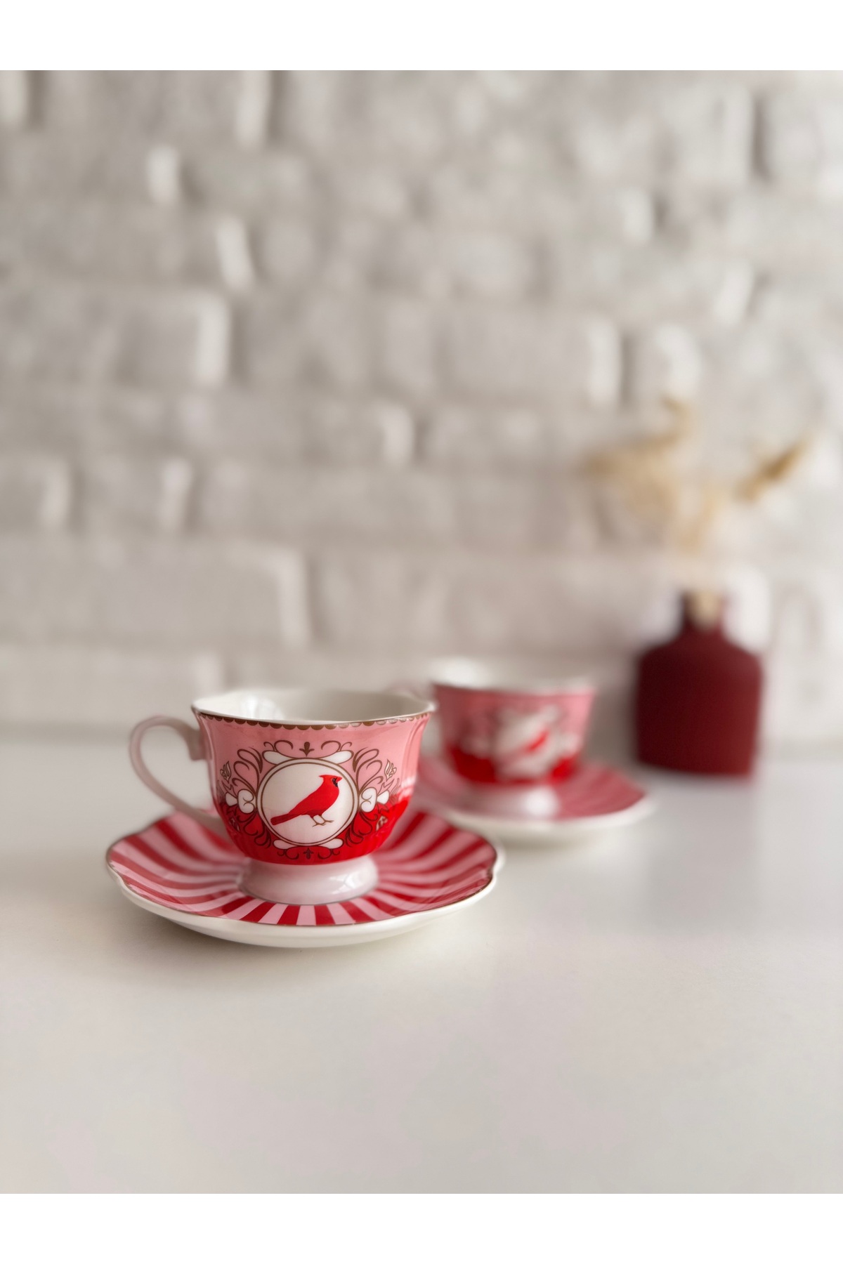 2'li Kırmızı/Pembe Kuş Detaylı Türk Kahvesi Fincanı